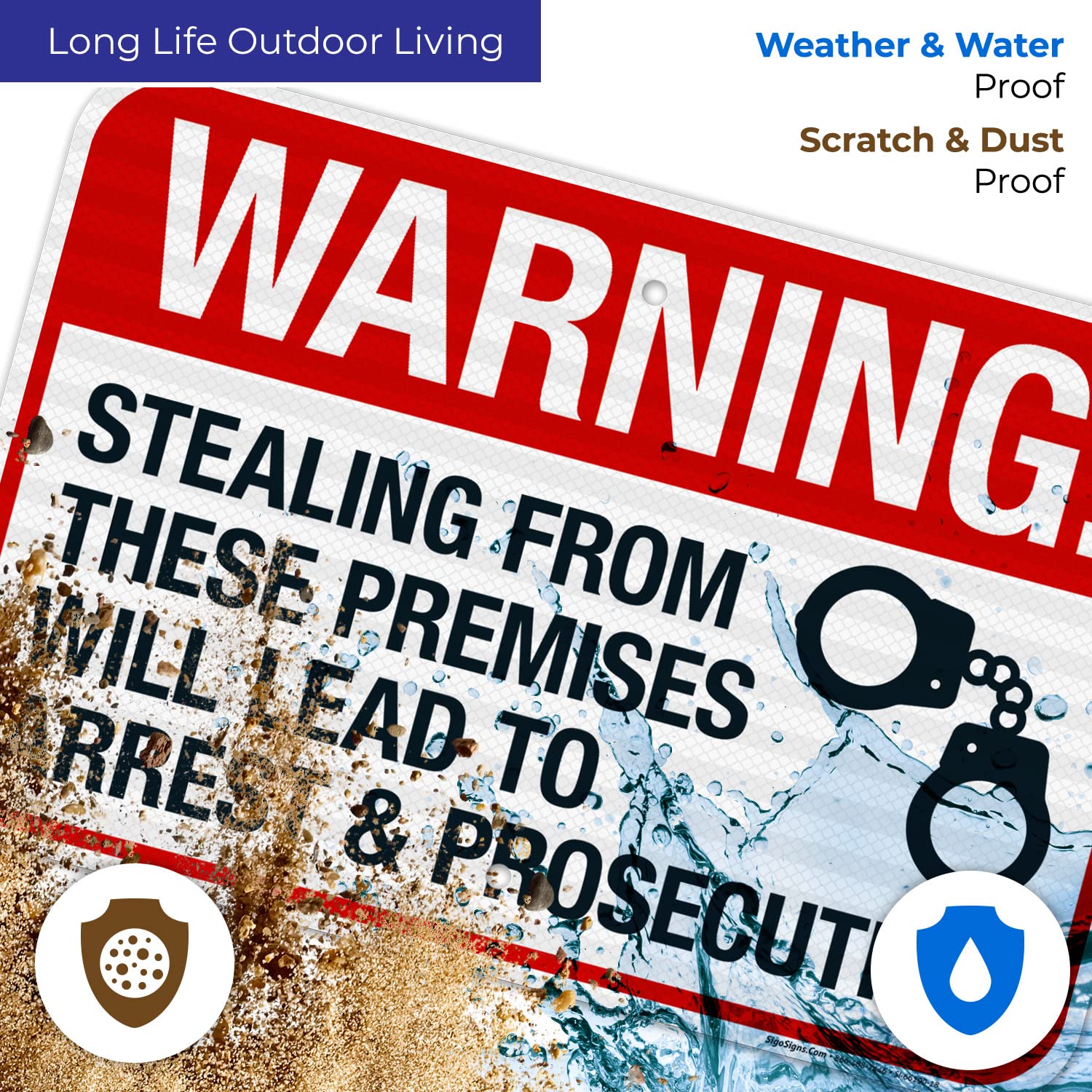 Stealing from These Premises Will Lead to Arrest and Prosecution Sign, 12x18 Inches, 3M EGP Reflective .063 Aluminum, Fade Resistant, Made in USA by Sigo Signs