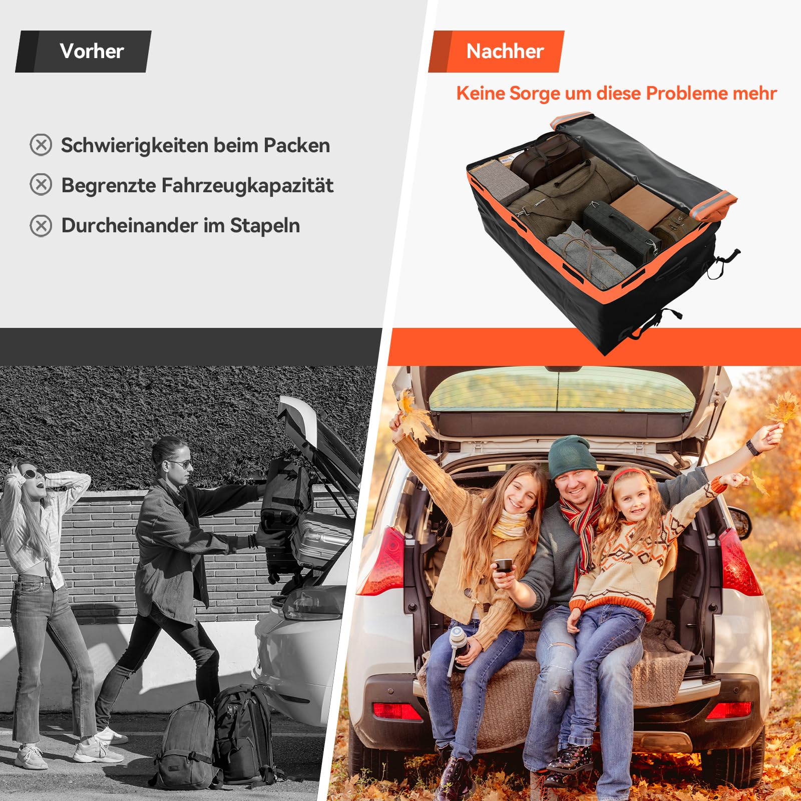 ARTETHYS Dachbox Auto 21 kubikfuß, wasserdichte & Strapazierfähige, Orange | Dachtasche, Faltbare Dachkoffer mit Anti-Rutsch Matte, Gepäckbox für alle Fahrzeuge mit/ohne Gepäckträger, 8 Türhaken