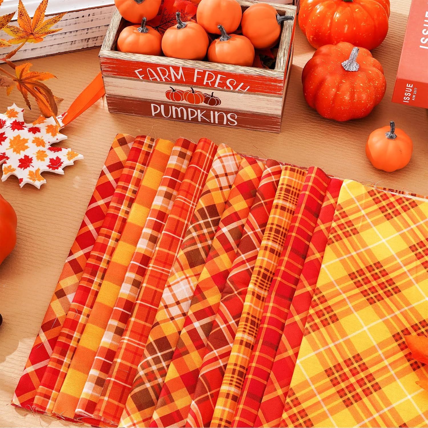 Whaline 12 Pcs Fall Cotton Fabric Bundles 10 x 10 Inch Autumn Buffalo Plaid Fabric Square Checkered Quilting Patchwork Sewing Fabrics for Harvest Thanksgiving DIY Handmade Craft Home Party Decor