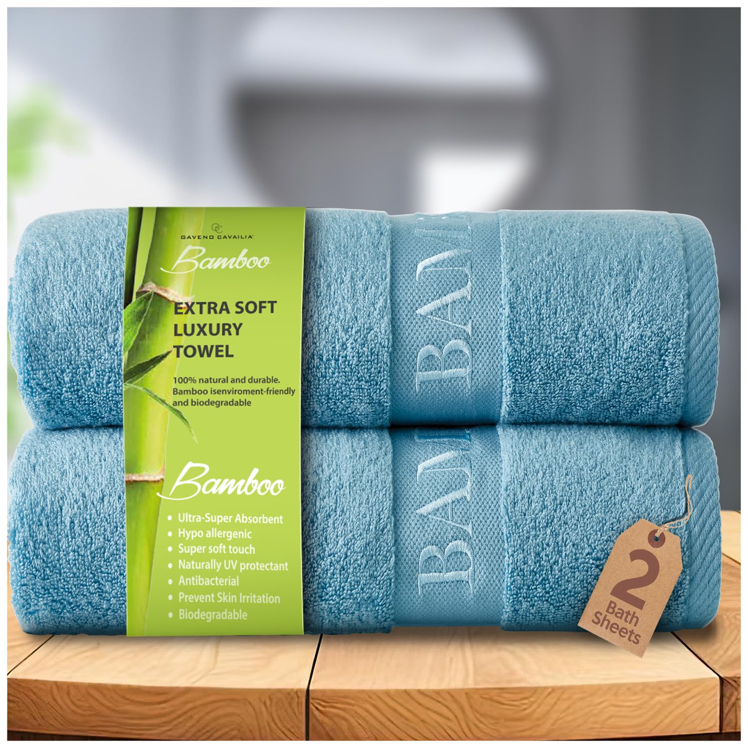 Gc Gaveno Cavailia Blue 550 Gsm Bamboo Giant Bath Sheet | 2 Pk Big Towels For Adults | Super Soft Ultra Absorbent 60% Bamboo 40% Cotton Bath Towels | 80X140 Cm