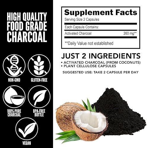 Miniatura 5 de Yerba Prima Carbón de coco activado, 60 cápsulas, limpieza natural de desintoxicación, vegetariano, vegano, sin gluten, sin OMG