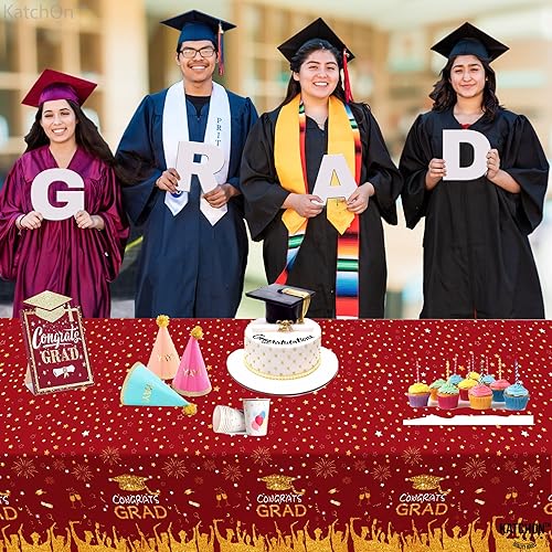Miniatura 2 de KatchOn, Mantel de graduación rojo extra grande  108 x 54 pulgadas, paquete de 3  Funda de mesa de graduación de felicitaciones color rojo y dorado