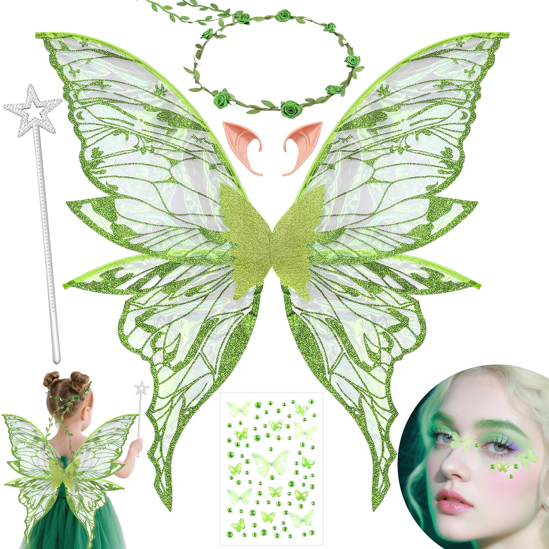 YeahBoom Children's fairy wings, butterfly wings with elf ears, fairy headband and star fairy wands, butterfly wings