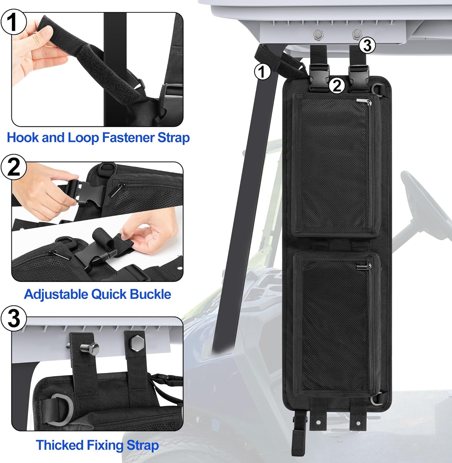 Golf Cart Ceiling Storage Bag, Golf Cart Overhead Organizer Bag Compatible with Club Car Precedent,Tempo, Onward, Black