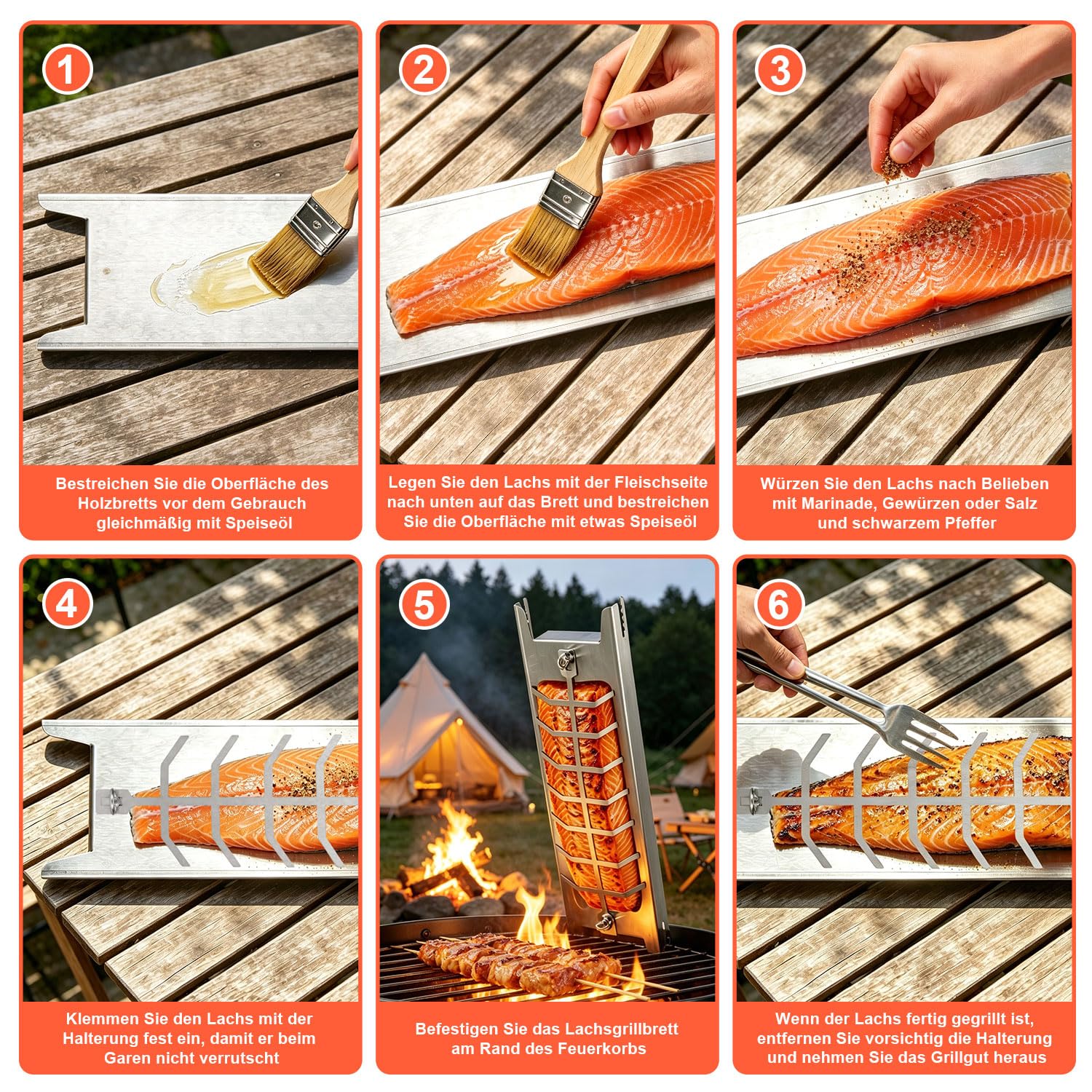 Flammlachsbrett 2er-Set 5-Fach neigbar, ohne Wässern 59,5x16x3,6cm