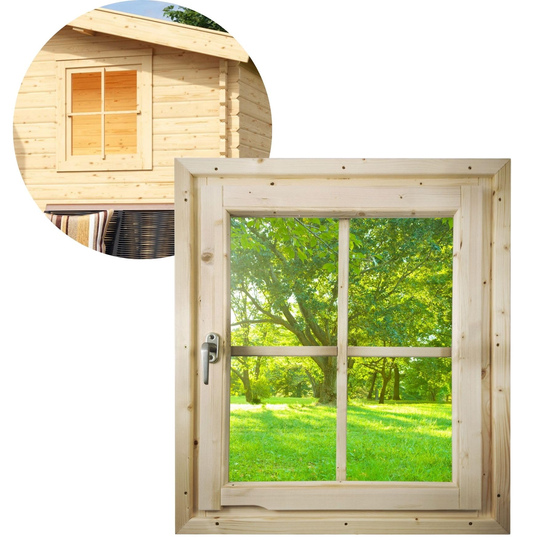 Gartenhaus Fenster Holz 69 x 80 cm Dreh-/Kippfenster, 38 mm | Gartenhausfenster mit Echtglas für 38 mm Gartenhäuser, Holzfenster, Glas