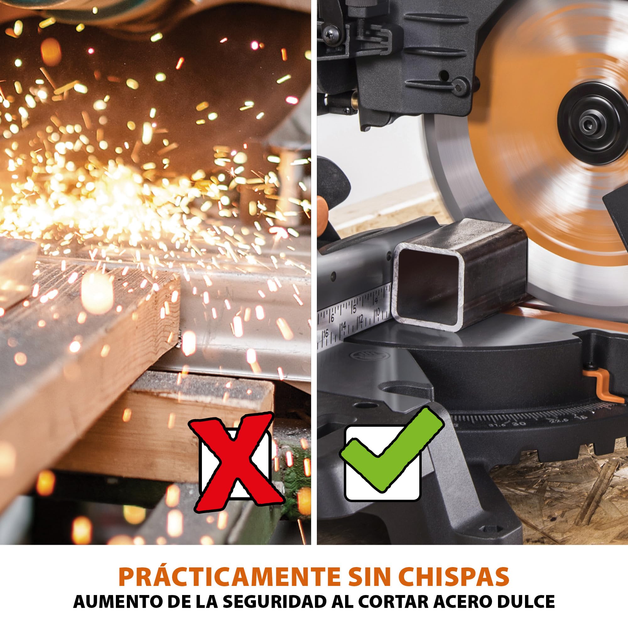 Evolution Power Tools R255SMS-DB ingletadora, Sierra ingletadora deslizante multimaterial de 255 mm, con doble bisel y paquete plus, hasta 300 mm x 90 mm, 5° a izquierda y derecha, inglete de 50°