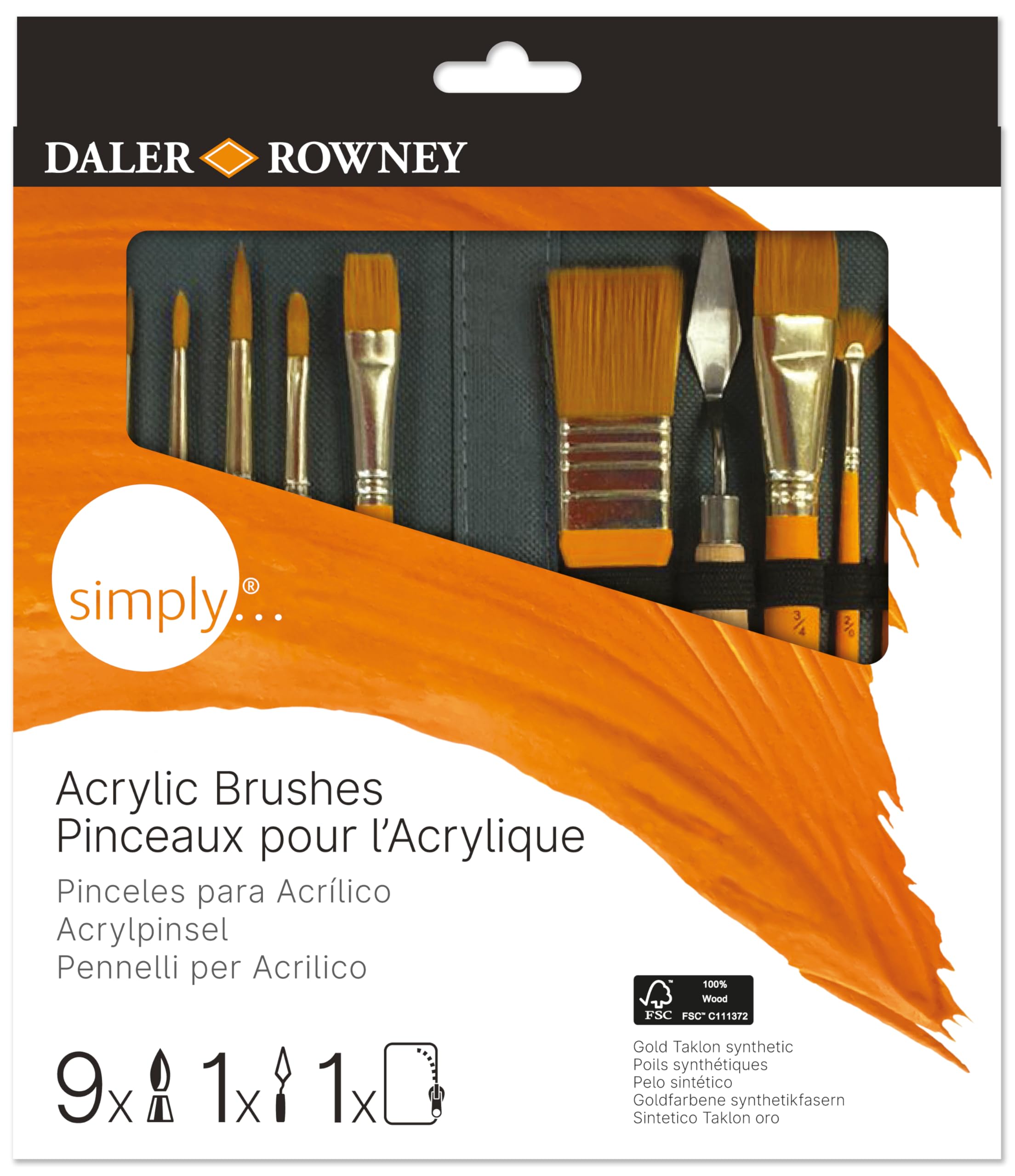 Daler-Rowney Simply Gold Taklon Synthetic Hair Acrylic Brush Set with Short Handles, 10 Assorted Brushes with Zip Case, For Entry-Level Artists & Hobbyists