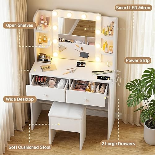 Miniatura 3 de FUXA Vanity Desk with Mirror and Power Outlet, Makeup Vanity with 10 Bulbs and 3 Light Modes, Vanity Table Set with Storage Drawers Shelves and