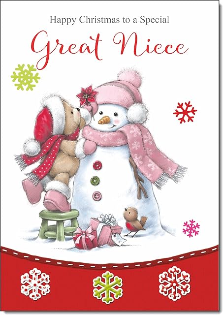 doodlecards Great Niece Christmas Card Cute Bear with Snowman Medium Size with Plain Red Envelope