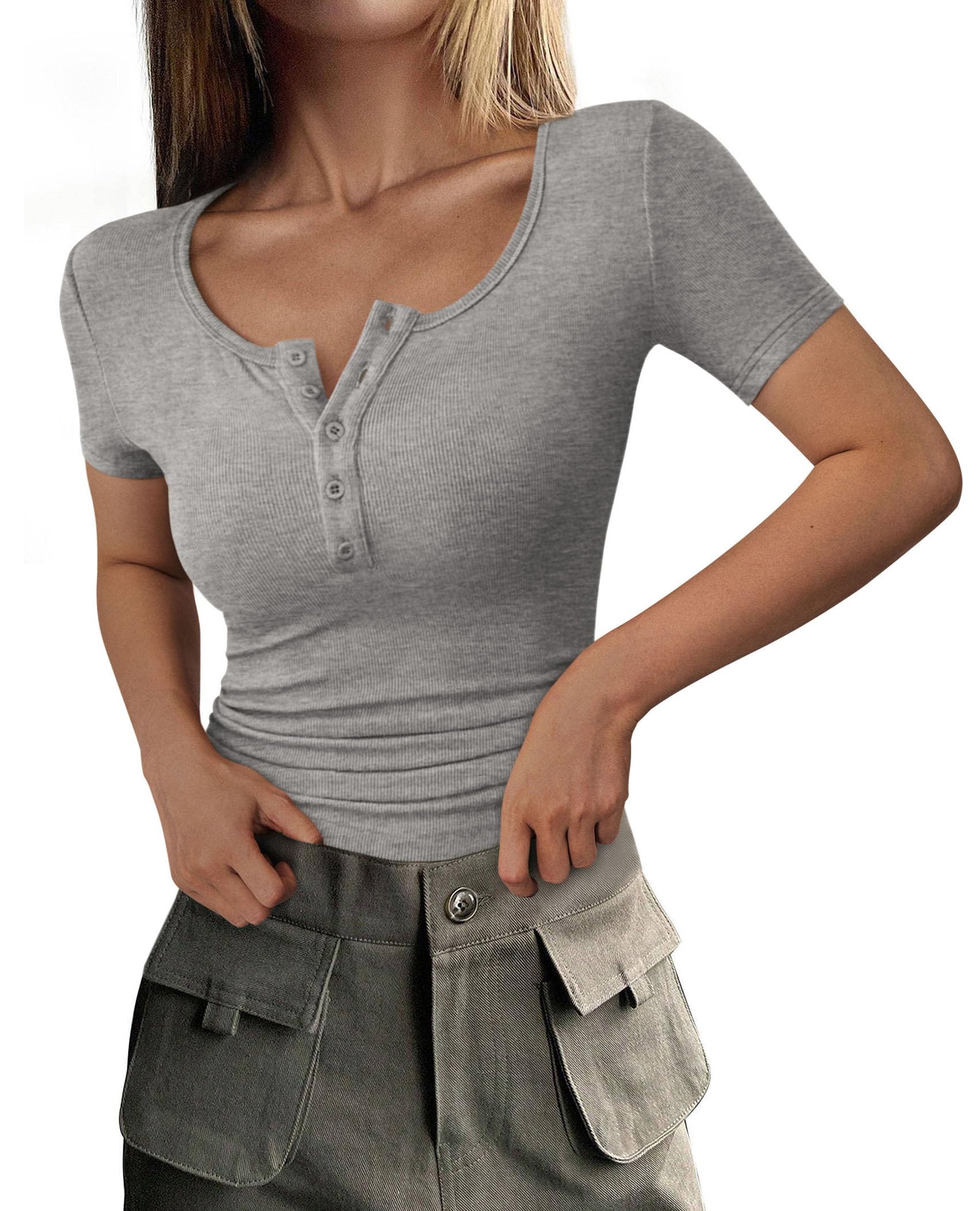 PRETTYGARDEN Women's 2025 Spring Summer Short Sleeve Tops Ribbed Henley Button Slim Fit Basic Casual T Shirts Blouse Clothing