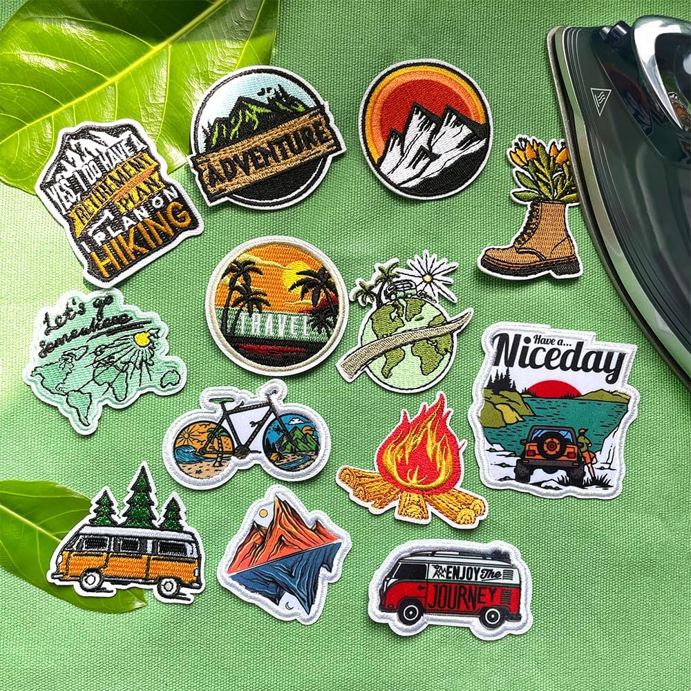 CY Embroidered Applique 13Pcs Outdoor Camping Iron On Patches Nature Adventure Wild Hiking DIY Craft Accessories for Clothing Backpacks Jackets Bag Hats