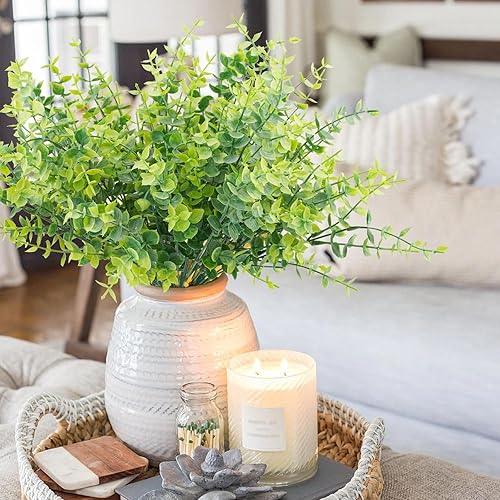 Miniatura 7 de 12 flores artificiales para exteriores, resistentes a los rayos UV, plantas de eucalipto falsas, tallos verdes, arbustos de plástico sintético,