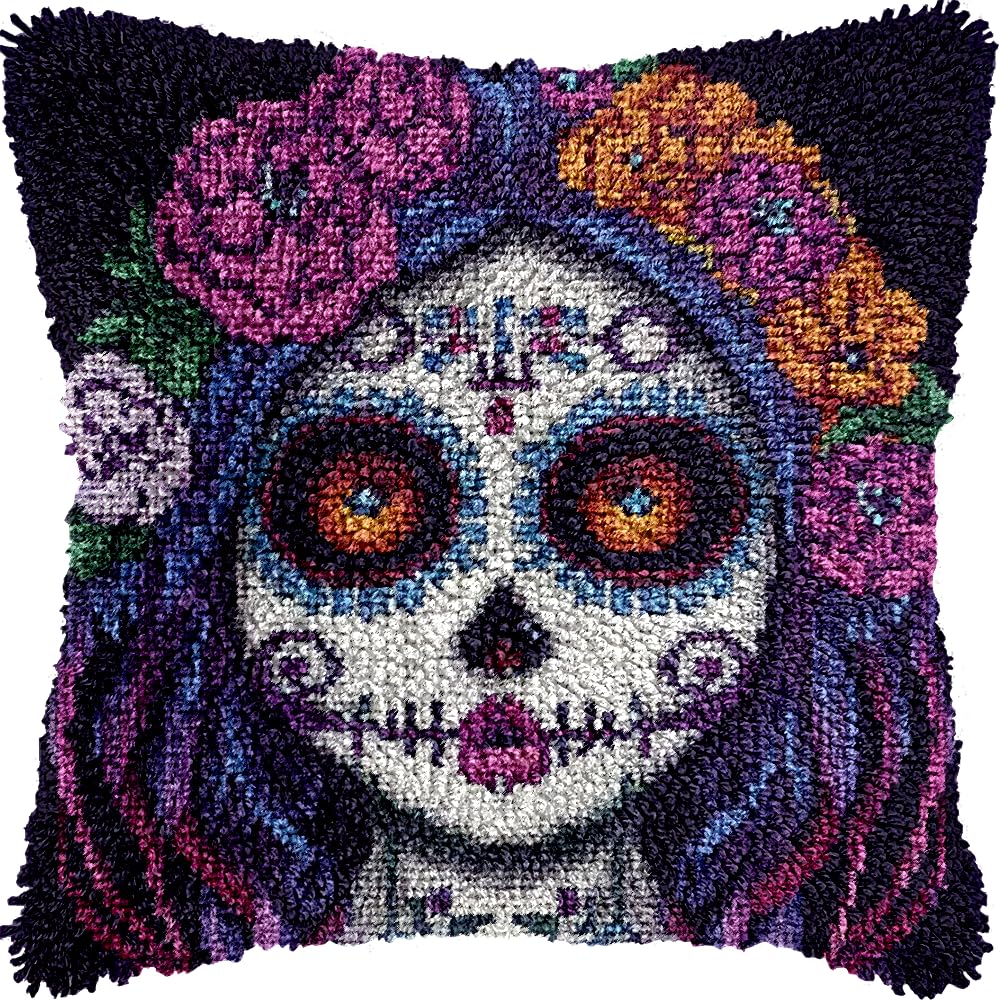 DIY Latch Hook Kits Pillowcase Beautiful Sugar Skull Girl Crochet Yarn Pre-Printed Cushion Needlework Pillow Hook and Latch Kit Cushion Home Sofa Decoration 43x43cm(4)