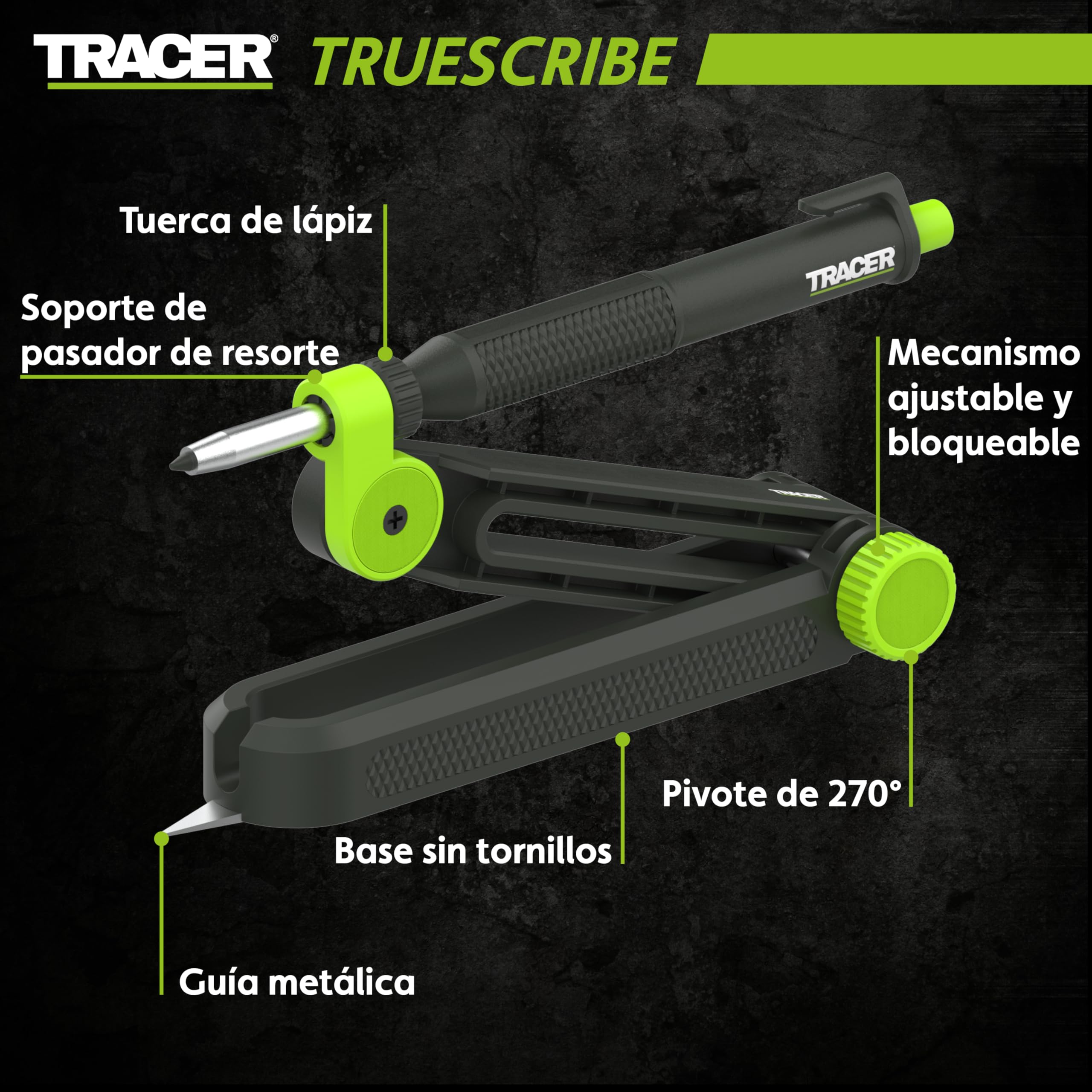 TRACER Truescribe - Herramienta de escritura con lápiz trazador 2.0, estuche de almacenamiento y 12 minas para lápiz. Herramienta de trazado para carpintería y más