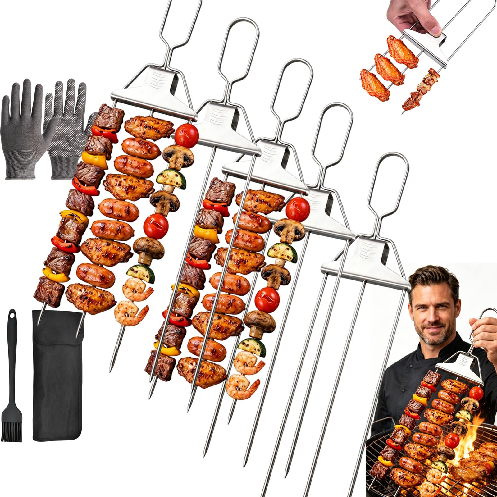 3 Way Stainless Steel BBQ Skewers, 3 Prong Grilling Skewers with Smooth Push Bar Slider, BBQ Skewers with Brush and Storage Bag, for Meat, Chicken, Veggies, Outdoor Barbecues (5PC)
