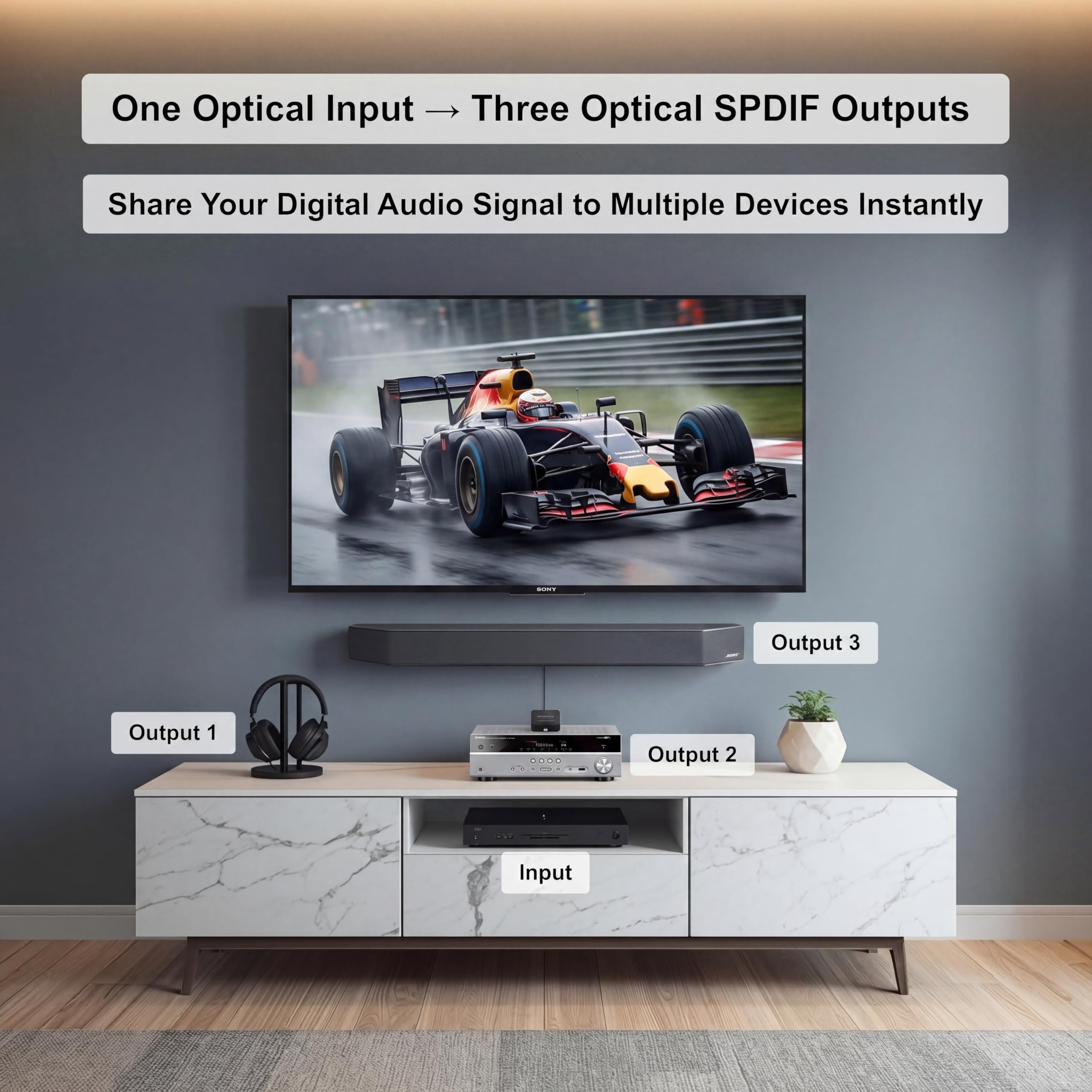 Divisor de audio óptico digital 1x3, divisor de audio óptico DOREWINAUD SPDIF/Toslink, compatible con Dolby Digital y DTS 5.1 para PS3, Xbox, Blue-Ray DVD, HDTV, TV Box, 1 entrada 3 salidas