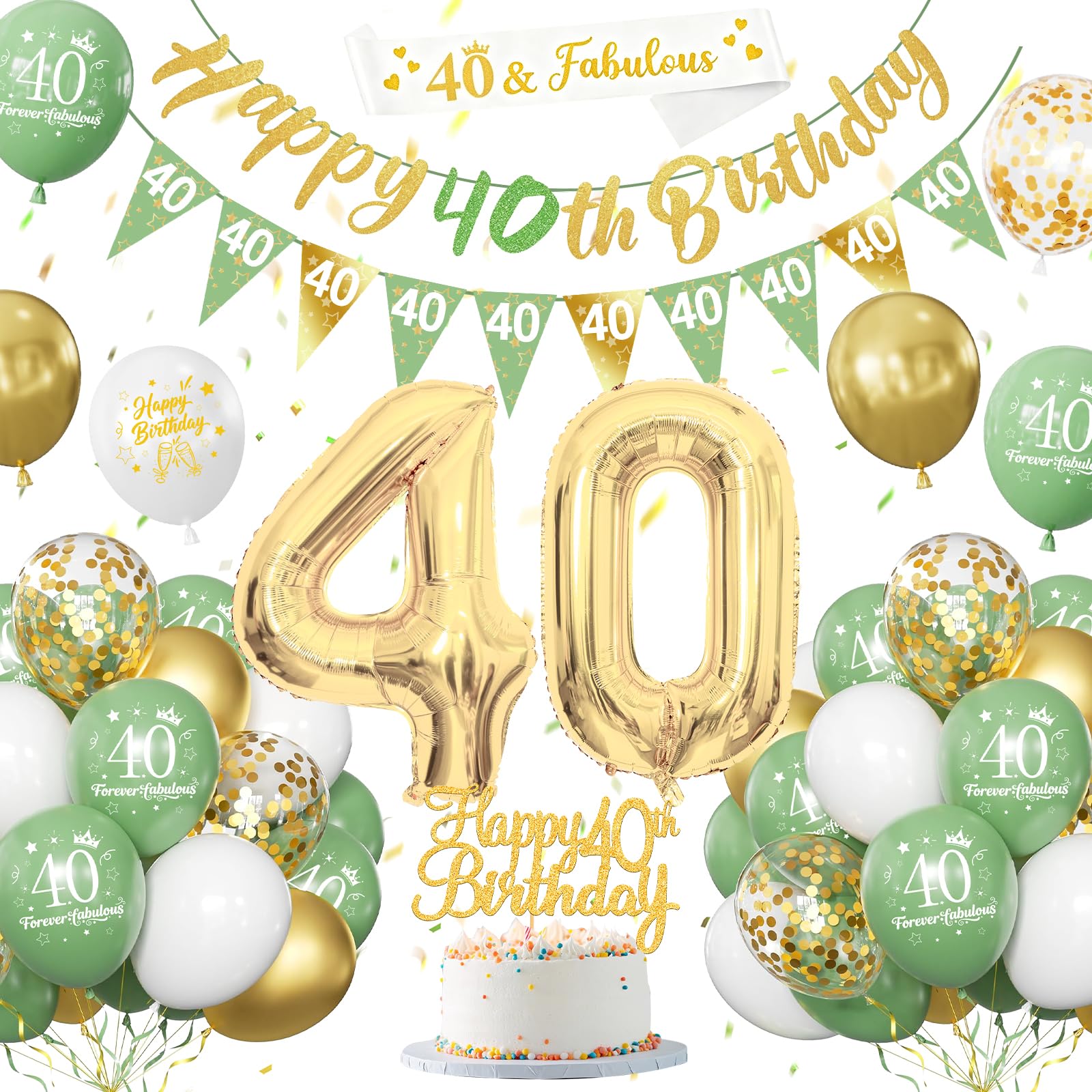 40th Birthday Decorations for Women Men, Sage Green Gold Birthday Decoration with Banners Balloons Cake Topper Sash Triangle Flag for 40th Party Decor
