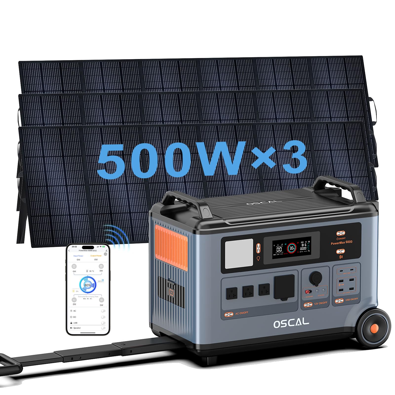 PowerMax 6000W Centrale Elettrica Portatile con Pannello 3x500W, 3600Wh Generatore Solare, 6000W/9000W LiFePO4-Akku, USV, APP, für Camping & Wohnmobil, Stromversorgung di emergenza (3600Wh+3x500W)