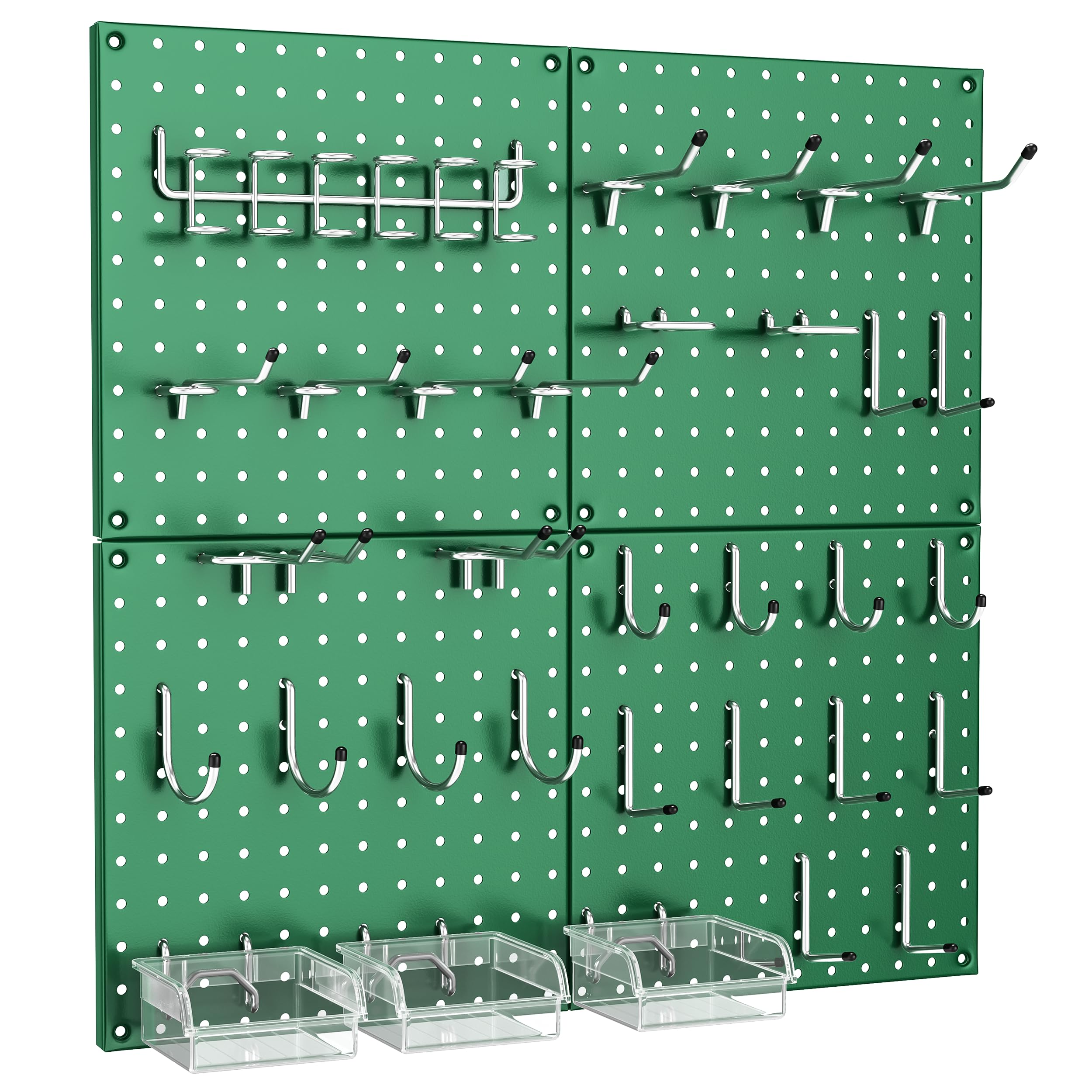Hivio 4PCS Peg Board, 68PCS Heavy Duty Metal Pegboard with Hooks, 4 Pack Green Peg Board Panels, 50lbs Load Capacity Each, Pegboard Wall Organizer for Garage, Workshop, Craft Rooms Total 24” x 24”