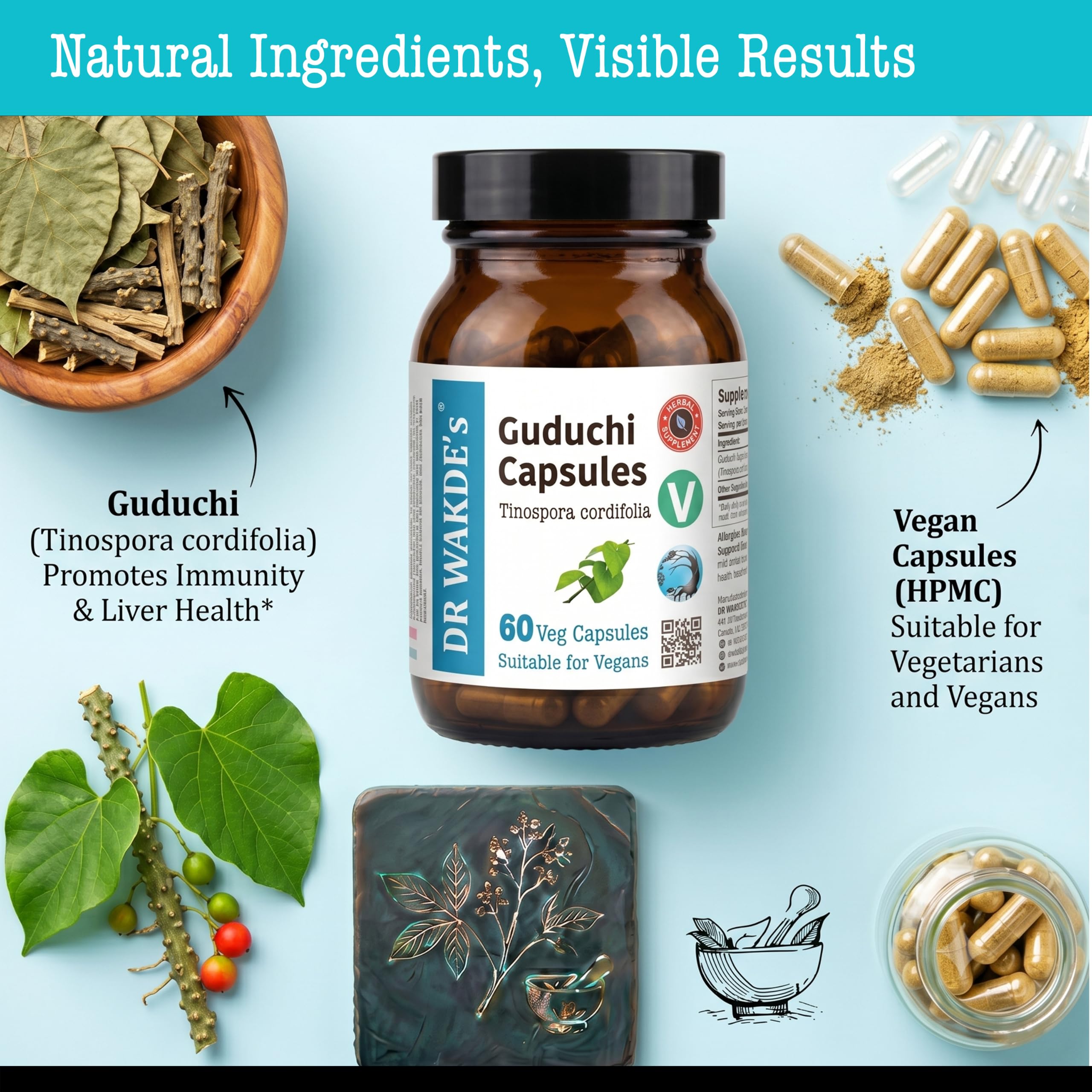 DR WAKDE'S Guduchi Kapseln – Giloy (Tinospora cordifolia) 500 mg | 60 Vegane Kapseln | Immunsystem & Wohlbefinden | 100% Reines Ayurvedisches Kräuterpulver | Ohne Zusatzstoffe | Vegan & Vegetarisch