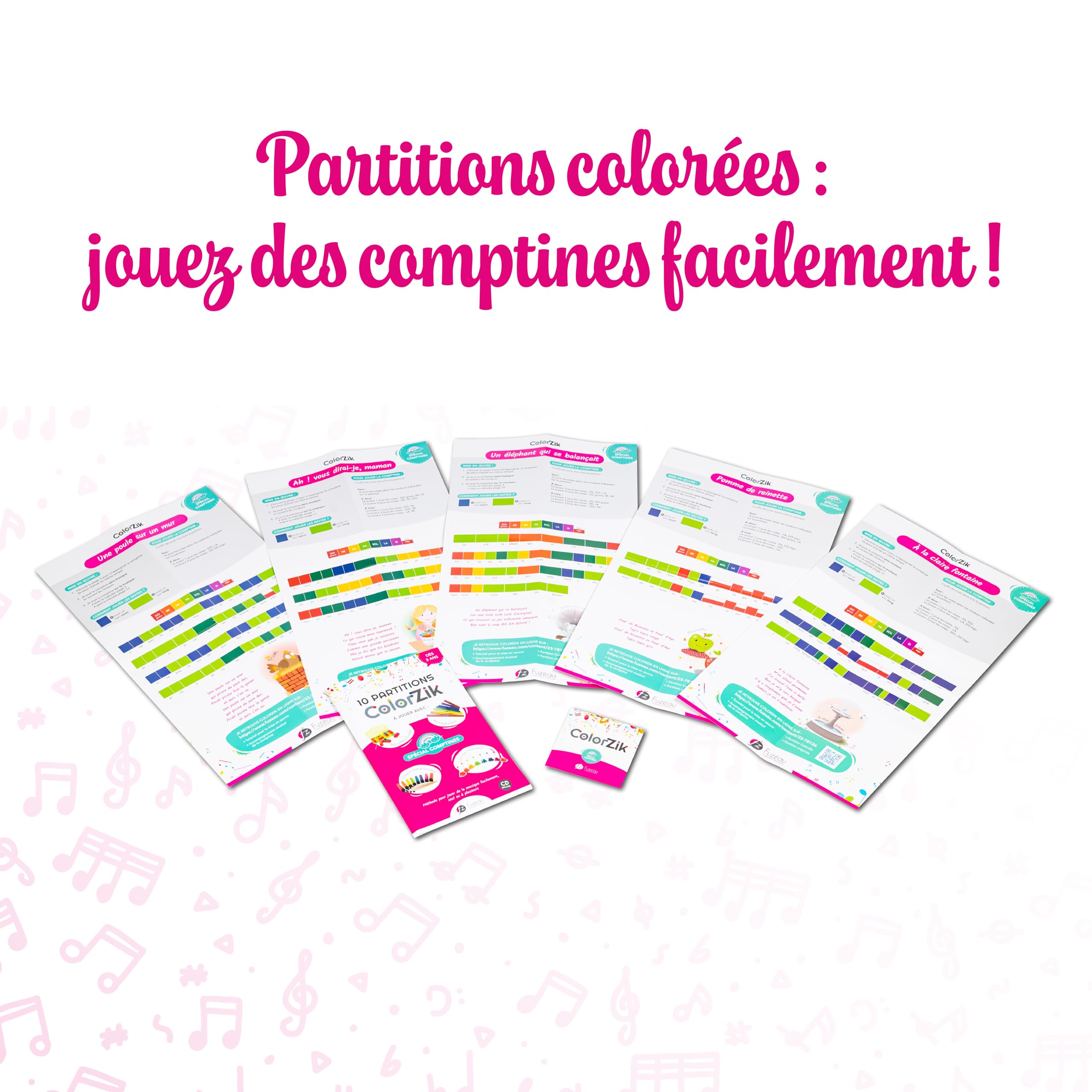 Fuzeau Livret Musical Pédagogique CD Audio Colorzik Comptines 10 Partitions Codées en Couleurs Paroles Incluses dès 3 Ans Méthode Intuitive