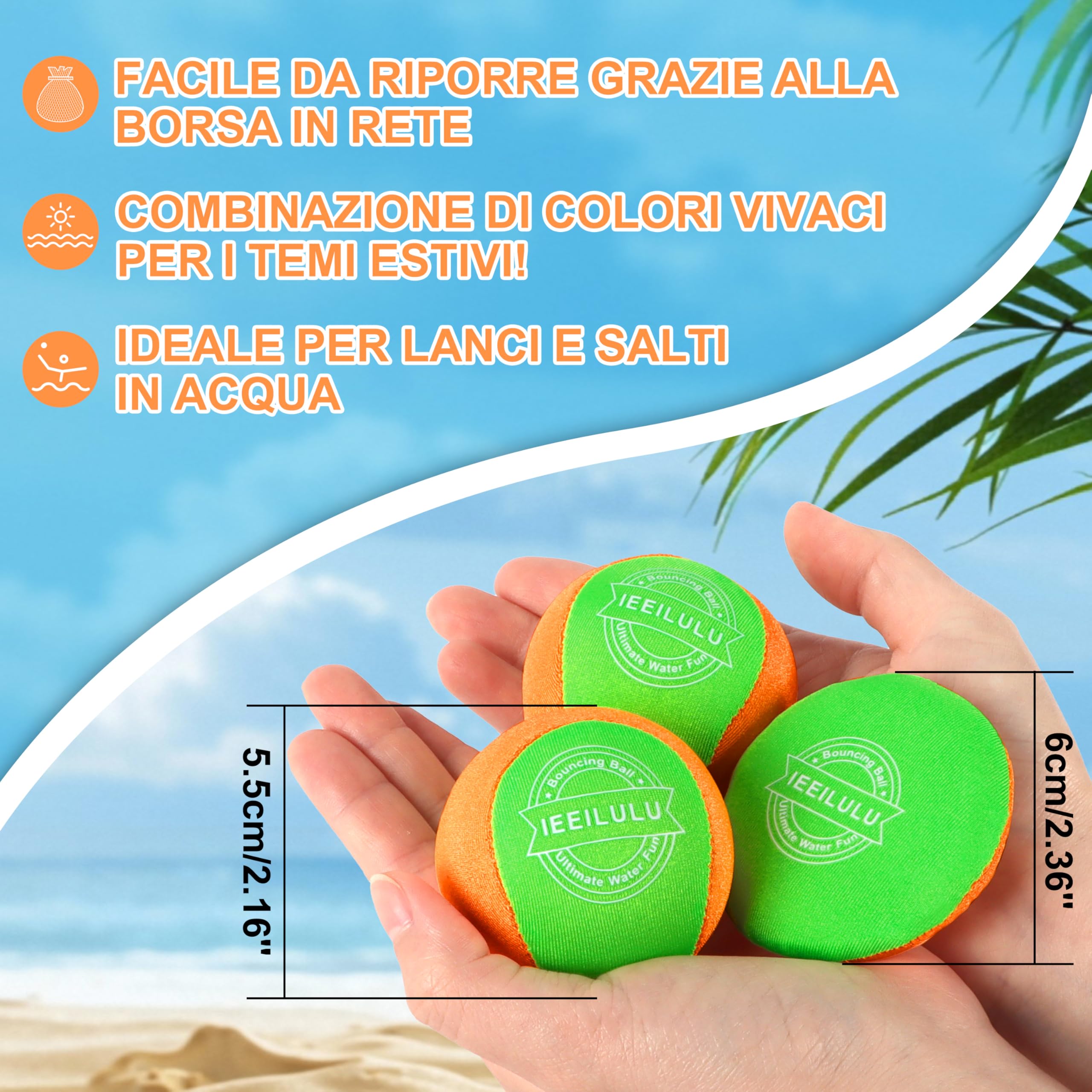IEEILULU Palla che Rimbalza Sull'acqua, 4 Pezzi Palla Rimbalzante per Acquatica Esterno Piscina Spiaggia Famiglia con Sacchetto Portaoggetti, Giochi Estivi per Bambini Adulto (Verde)