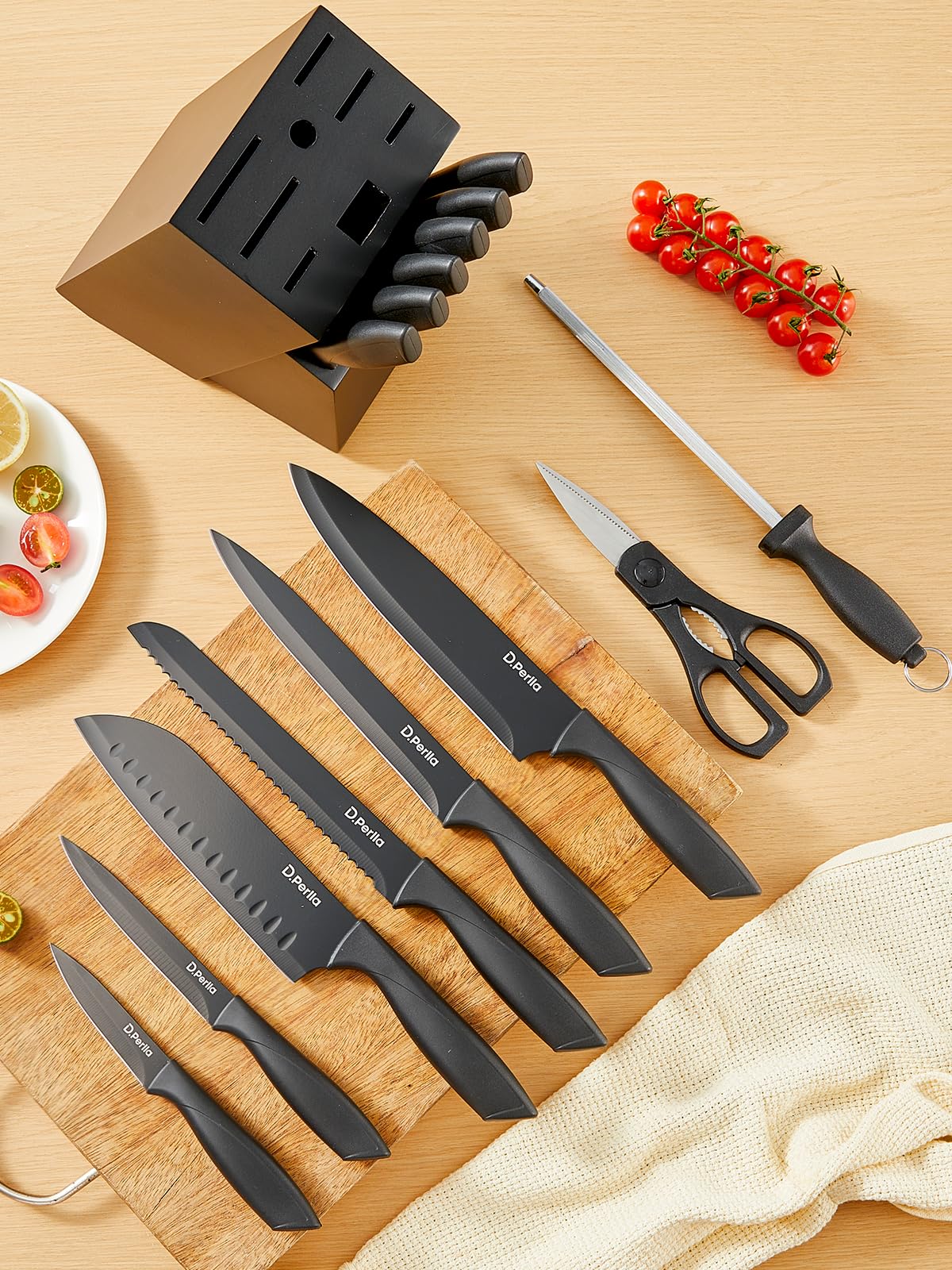 D.Perlla Couteau Cuisine, 15 Pièces Bloc Couteaux Cuisine en Acier Inoxydable, Ensemble de Couteaux Professionnels avec Bloc Couteaux en Bois, Super Aiguisé