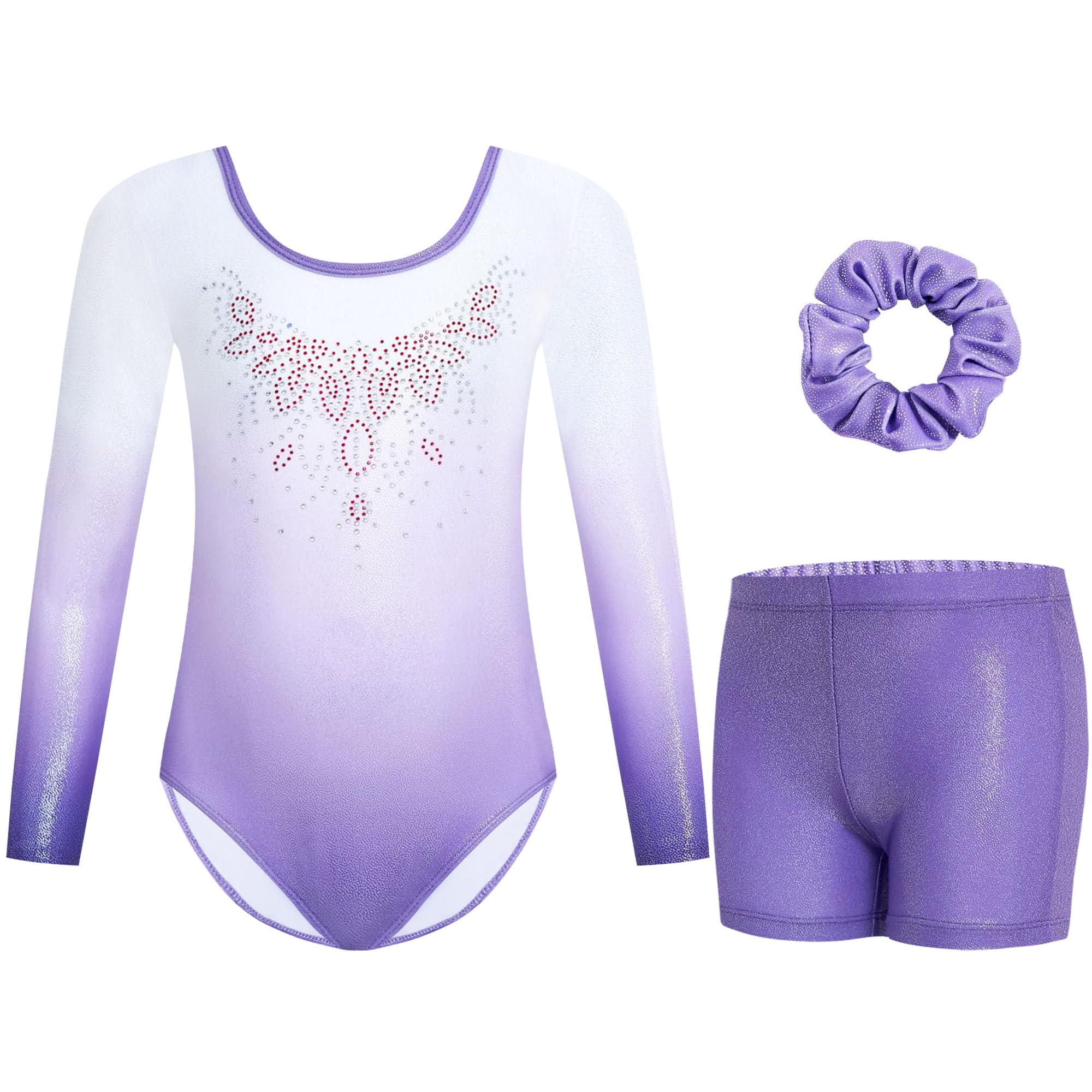 Gogokids Mädchen Dreiteilige Gymnastikanzüge, Langärmliges Gymnastik Set mit Shorts und Haarband, Glitzernde Balletteinheitstrikots - Gymnastik Outfit mit Farbverlaufdesign für 3-12 Jahre