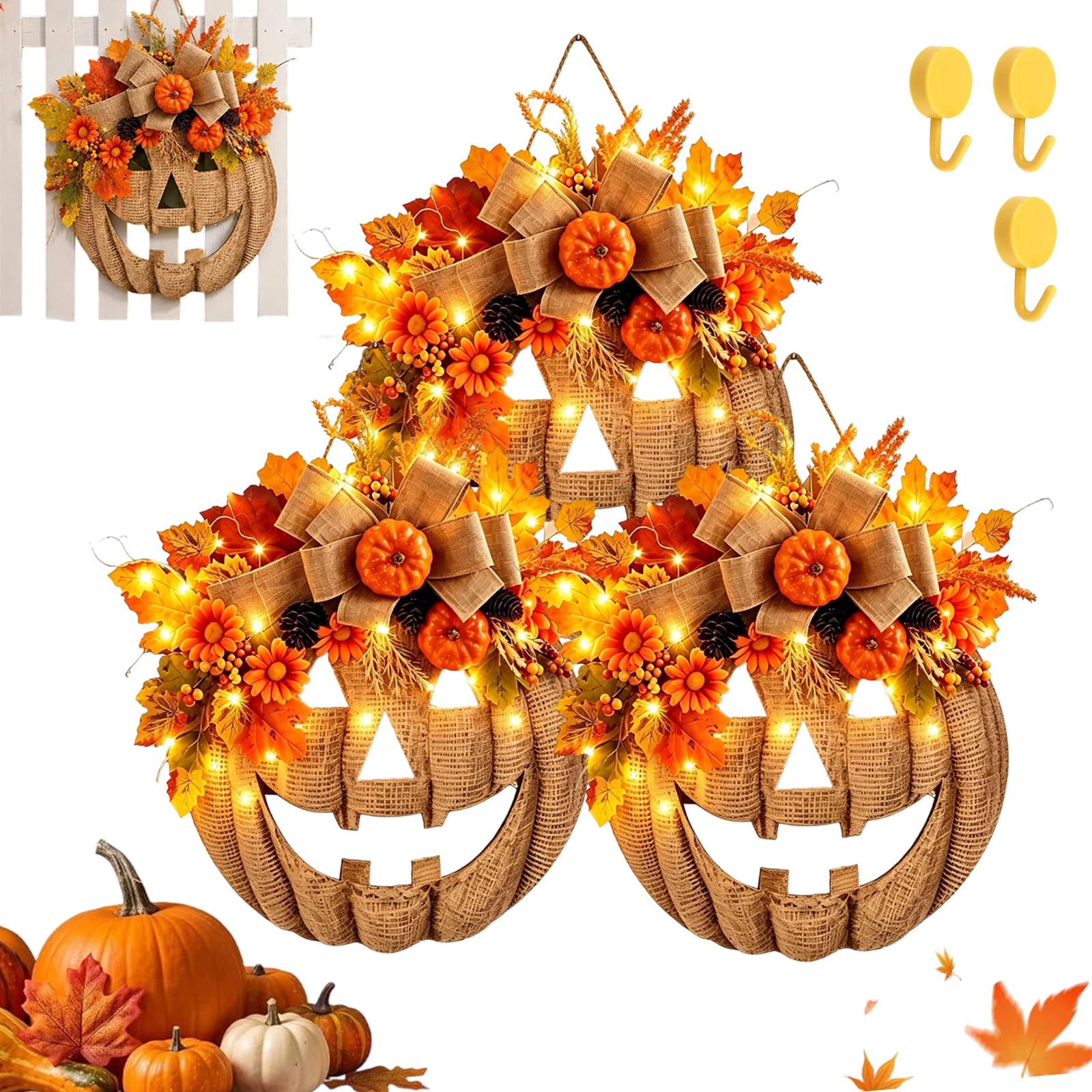 Lighted Burlap Pumpkin Wreath, Halloween Garland Patchwork Adorned with Remote Control, Halloween Farmhouse Fall Harvest Wreath for Indoor Outdoor Wall Porch Home Door (3pcs,With Lights)