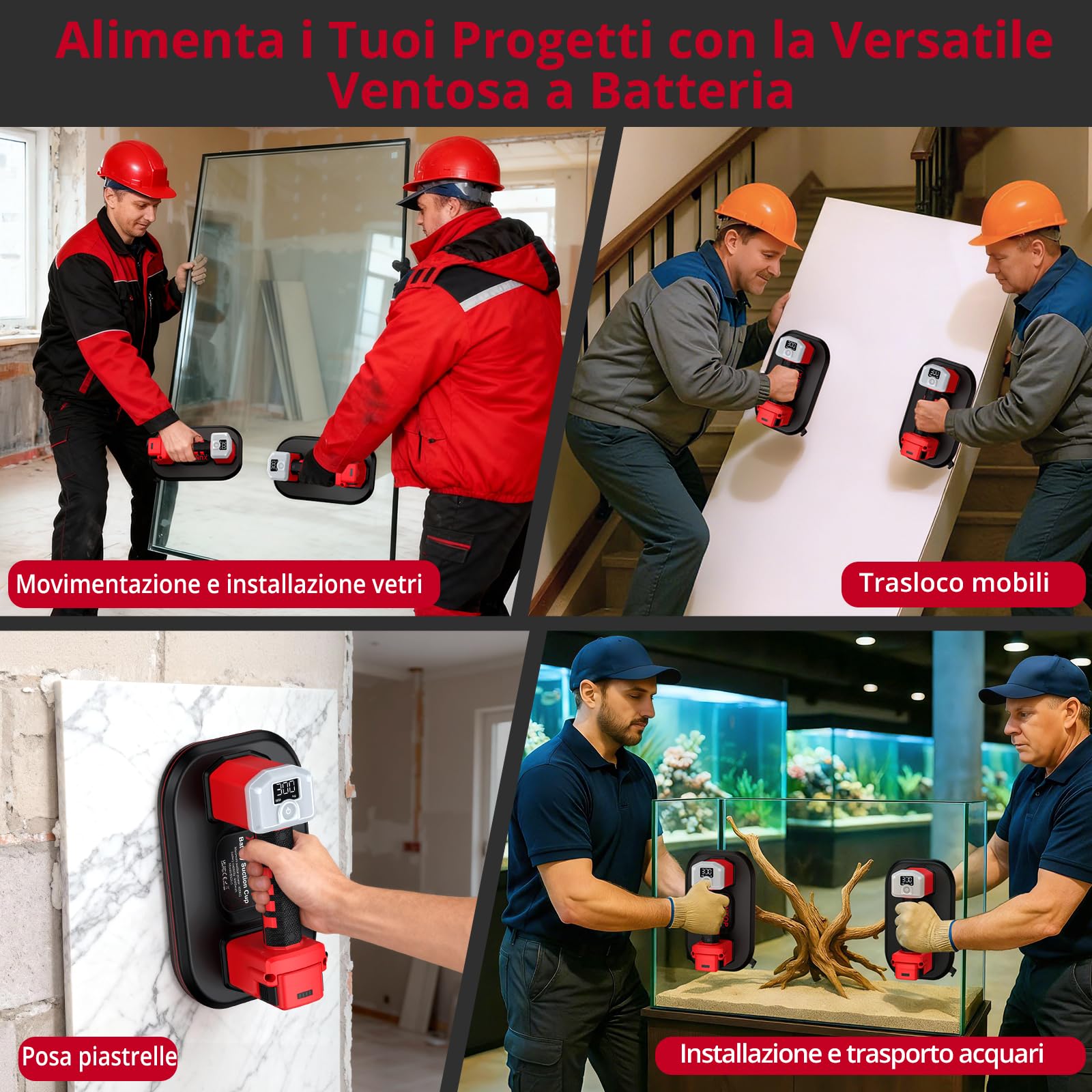 XUNTOP 10" Ventosa a Batteria Professionale 300KG a Doppio Motore 9000 Giri/min con Display LCD, Sollevatore Elettrico Aspirazione Automatica per Piastrelle e Vetro, con Extra Batteria di Ricambio