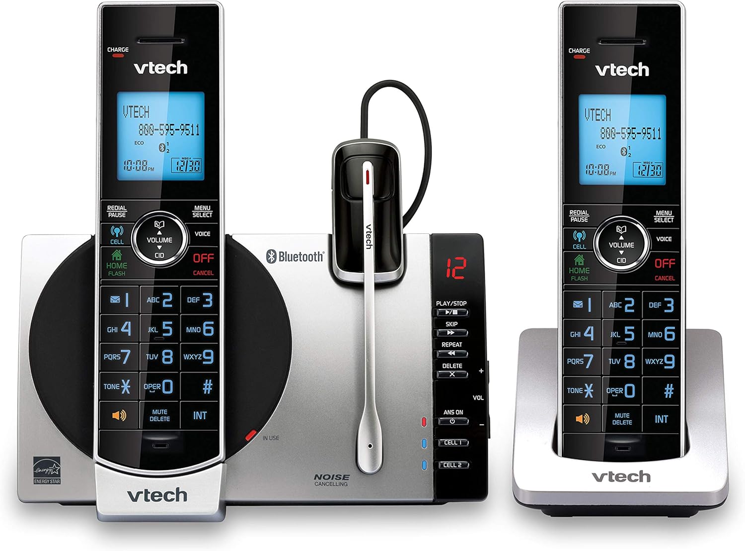 VTech Connect to Cell DS6771-3 DECT 6.0 Cordless Phone – Black, Silver, 6.9″ x 4″ x 6.6″