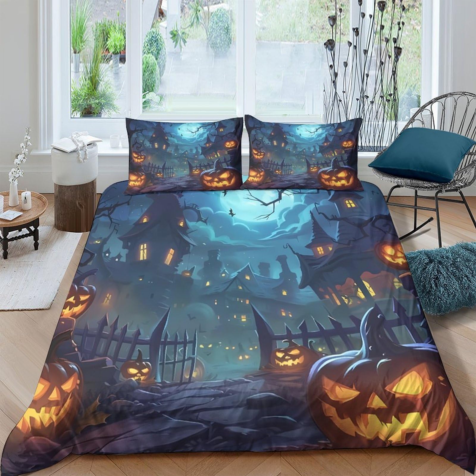 Ctjqhvkz Style-7 3D Printed Halloween Pumpkin Fitted Sheet Microfiber Soft Decor Graveyard Bed Cover For Bedroom Dorm Easy Care Single（135X200cm）