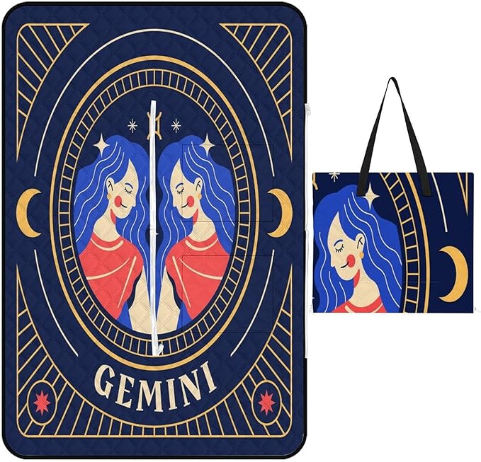 Constellation Zodiac Sign Gemini Art Outdoor Picnic Blankets Waterproof Foldable Women's Shopping Bag, with Straps And Can Be Folded,59''x39'' Beach Blanket Sand Resistant, Suitable for Playground Cam