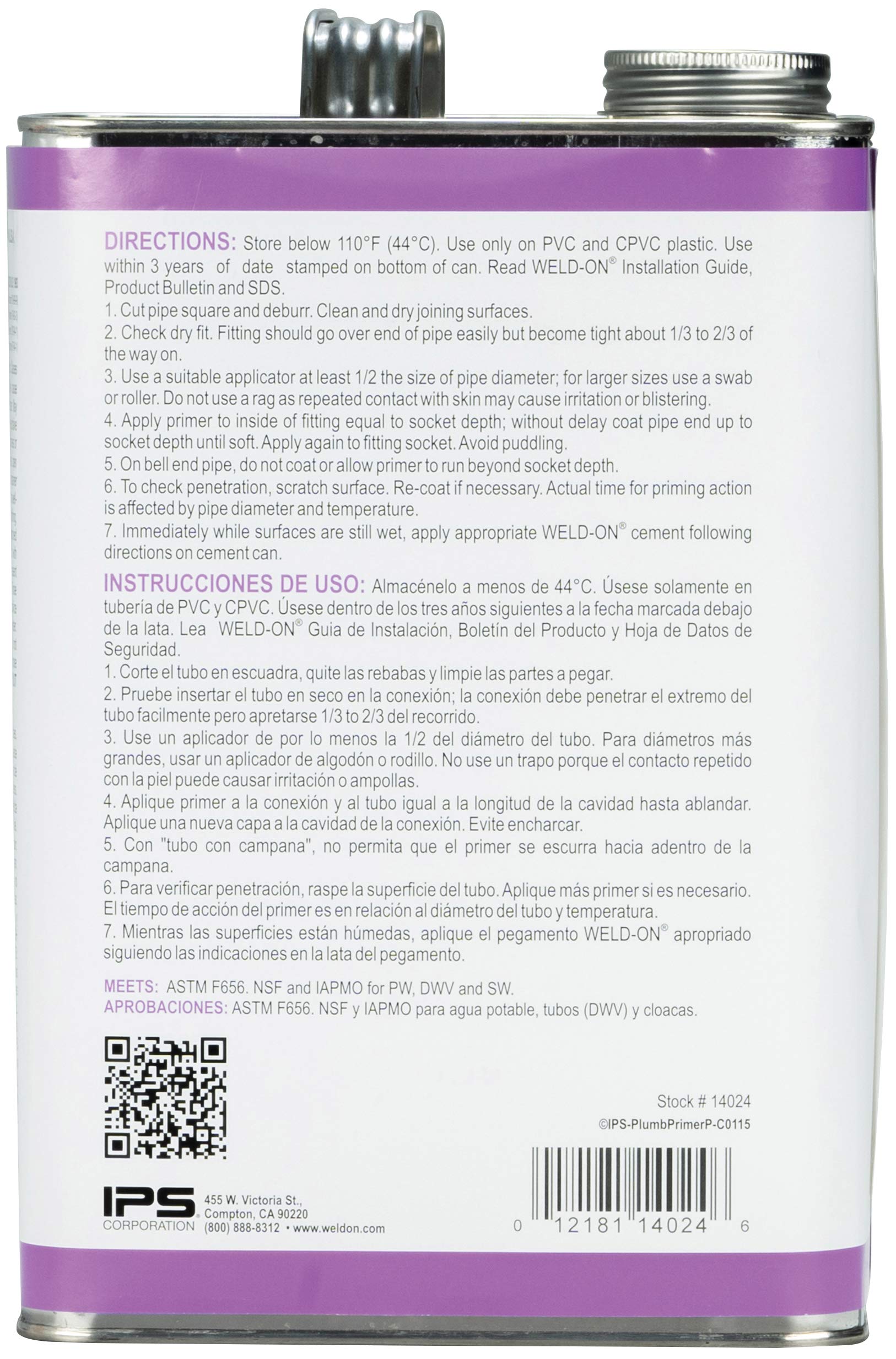 Weld-On 14024 Plumbing PVC/CPVC Primer - Fast Acting and Low VOC, Purple, 1 Gallon (128 fl oz)