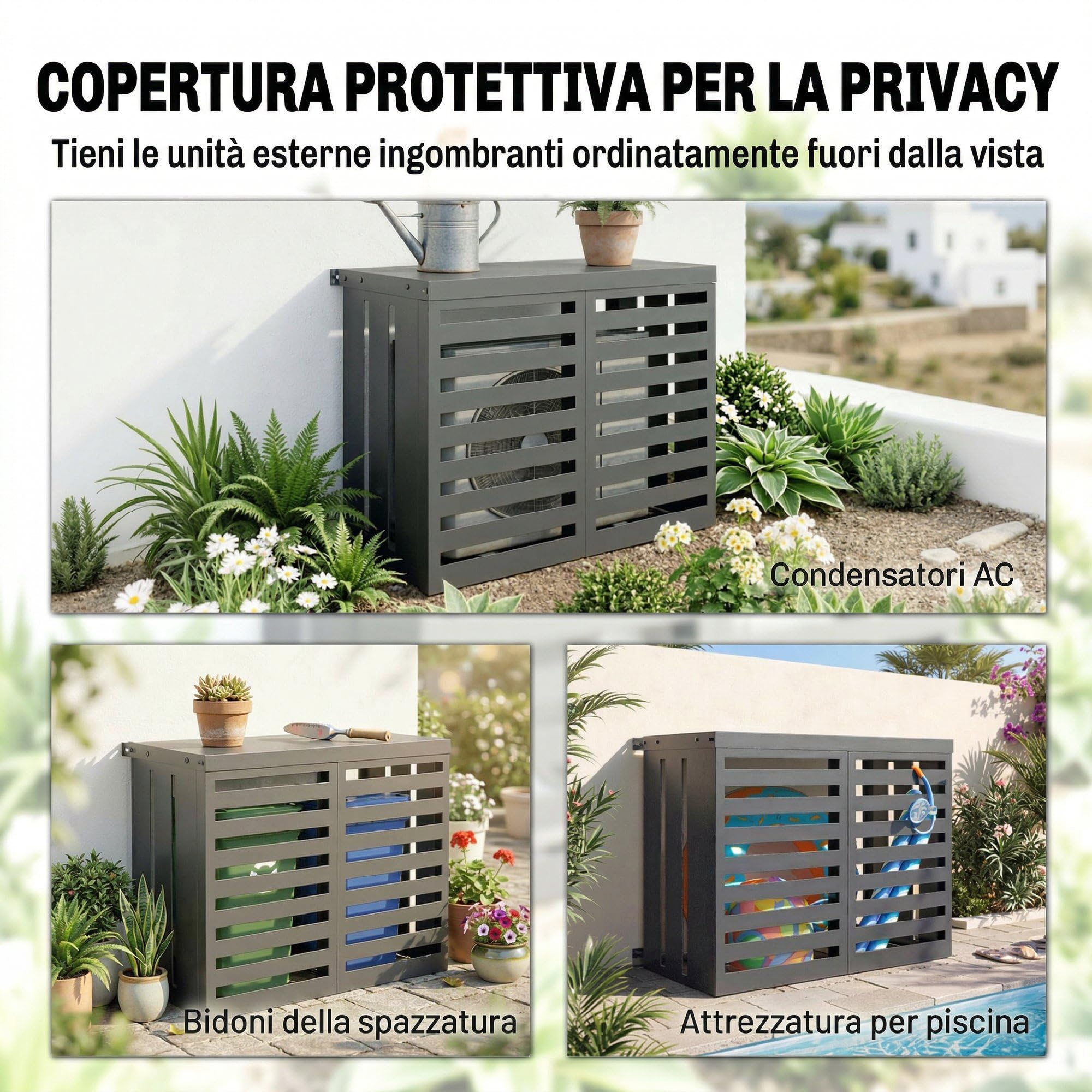 Outsunny Copertura per Condizionatore Esterno, Copri Condizionatore da Esterno in Acciaio Zincato, Recinzione con Doghe per Giardino, Grigio Scuro