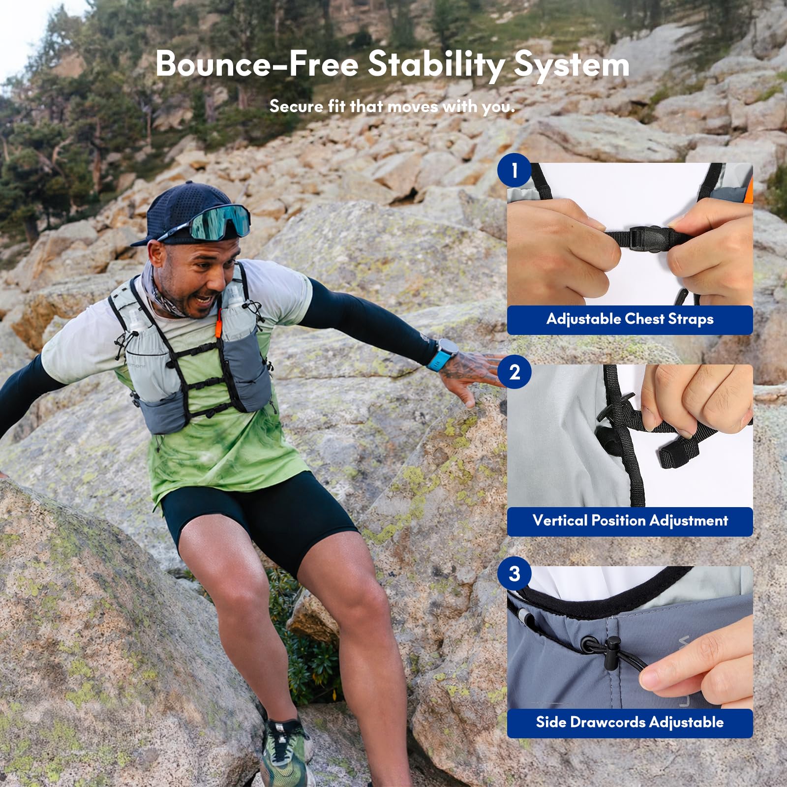 Haimont Gilet da corsa con borracce per donne e uomini, regolabile, leggero, 8 l, con fiaschette morbide, per trail running