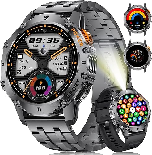 Reloj inteligente militar para hombre con linterna/5 ATM resistente al agua, reloj inteligente táctico AMOLED de 1.43 pulgadas con batería de 500