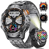 ESFOE Smartwatch Uomo Militare con Torcia LED,1.43″ AMOLED Orologio Smartwatch Uomo con 500mAh 5ATM Impermeabile, 110+ Modalità Sportive Fitness Tracker Smart Watch con Chiamate Whatsapp Argento