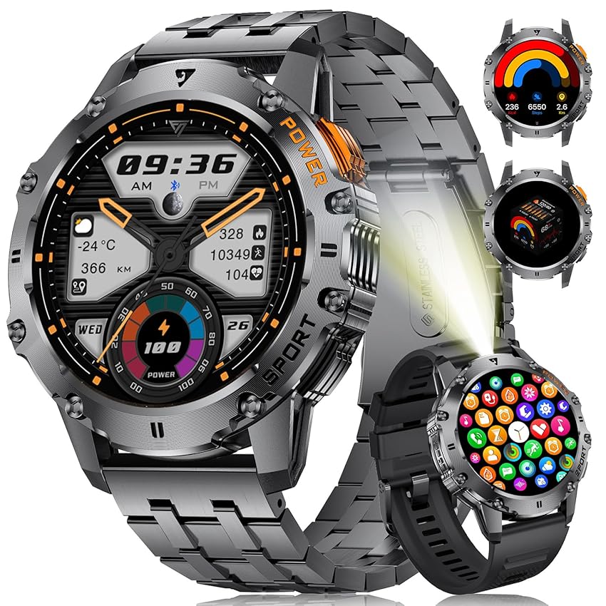 ESFOE Smartwatch Uomo Militare con Torcia LED,1.43