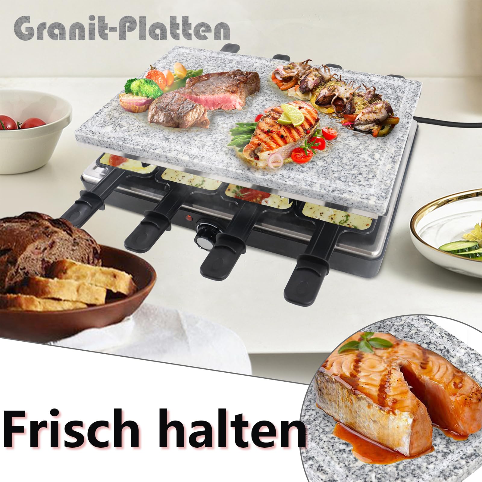 HENGMEI Appareil à raclette électrique en acier inoxydable avec poêles, plaque de cuisson antiadhésive et pierre naturelle pour 8 personnes, max. 1400 W, noir