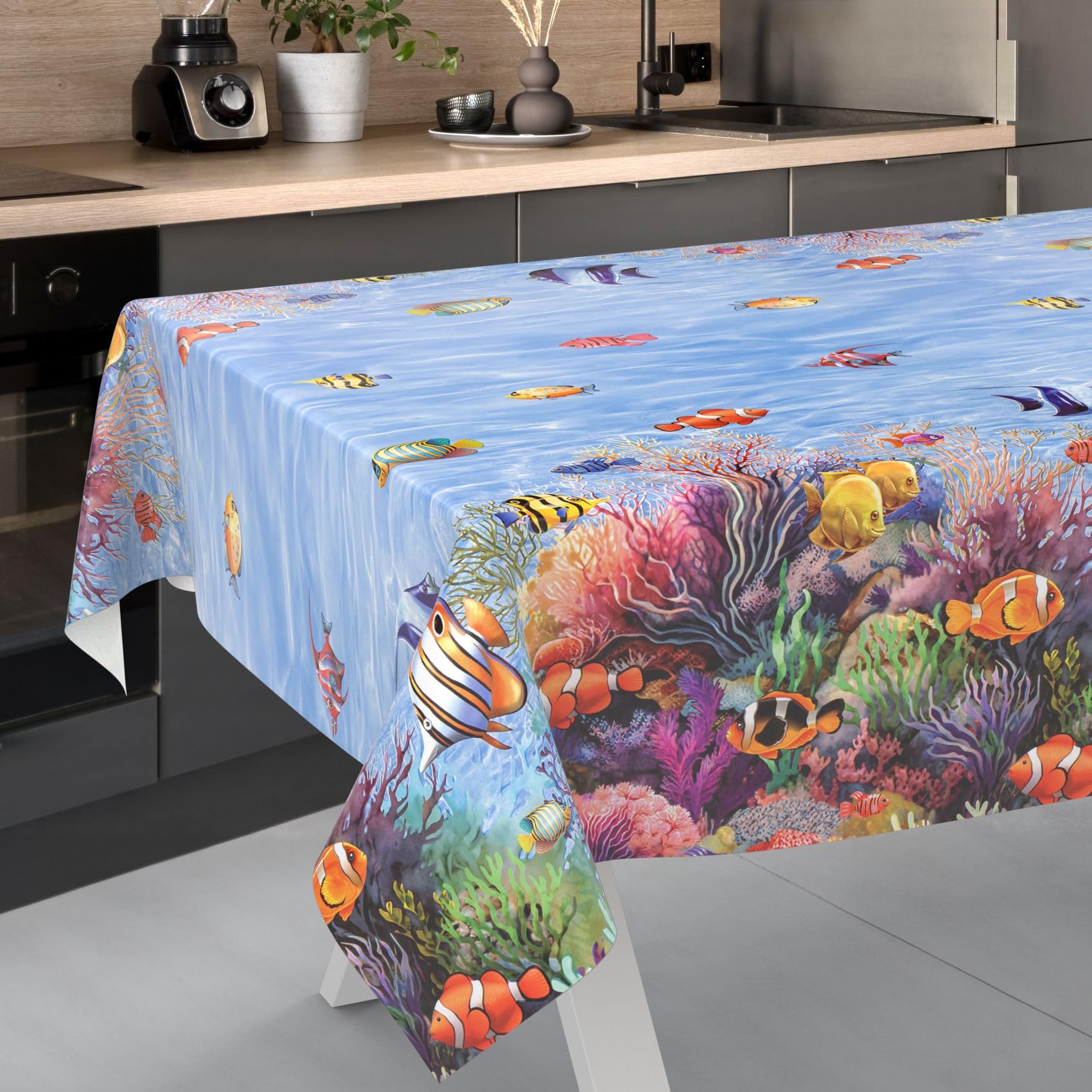 ANRO Oilcloth Tablecloth, Washable, Oilcloth, Garden Tablecloth, Outdoor, Indoor, 200 x 140 cm, Cut Edge, Aquarium