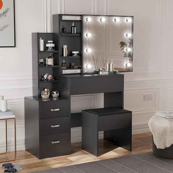 Blisswood Dressing Table with Mirror and Stool, 4 Drawer 3 open Storage Shelves and 3 Hidden Shelves with LED Bulbs, Modern Makeup Table for Bedroom & Living Room (Black)