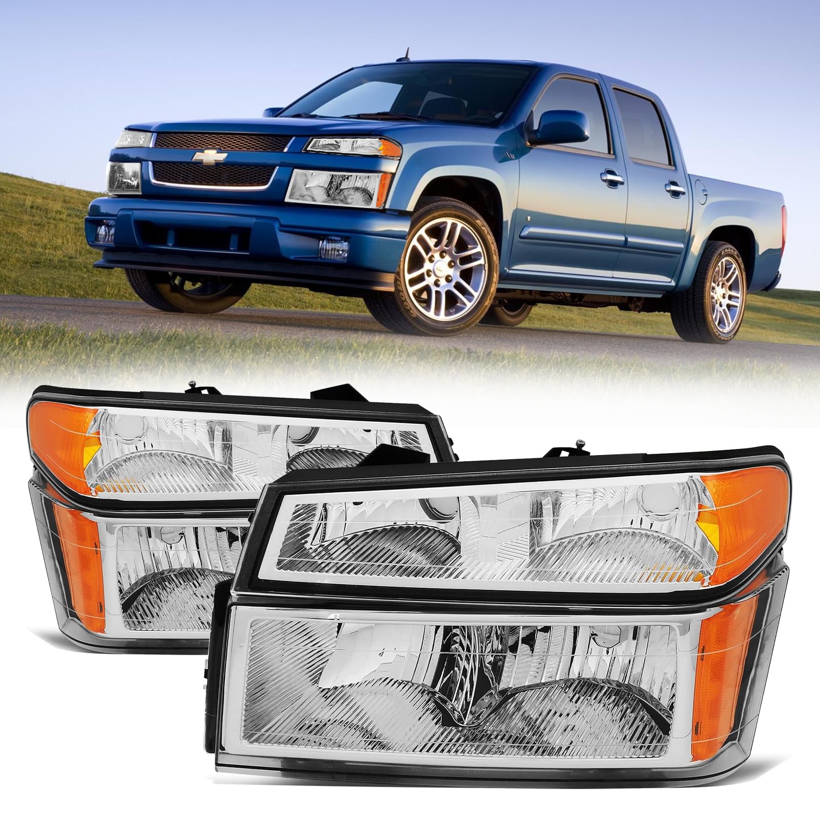 CxdarHeadlights for 2004-2012 Chevy Colorado, LED Headlight Assembly Headlamps for 04-12 GMC Canyon, 2006-2008 Isuzu i-Series Chrome Housing Amber Reflector