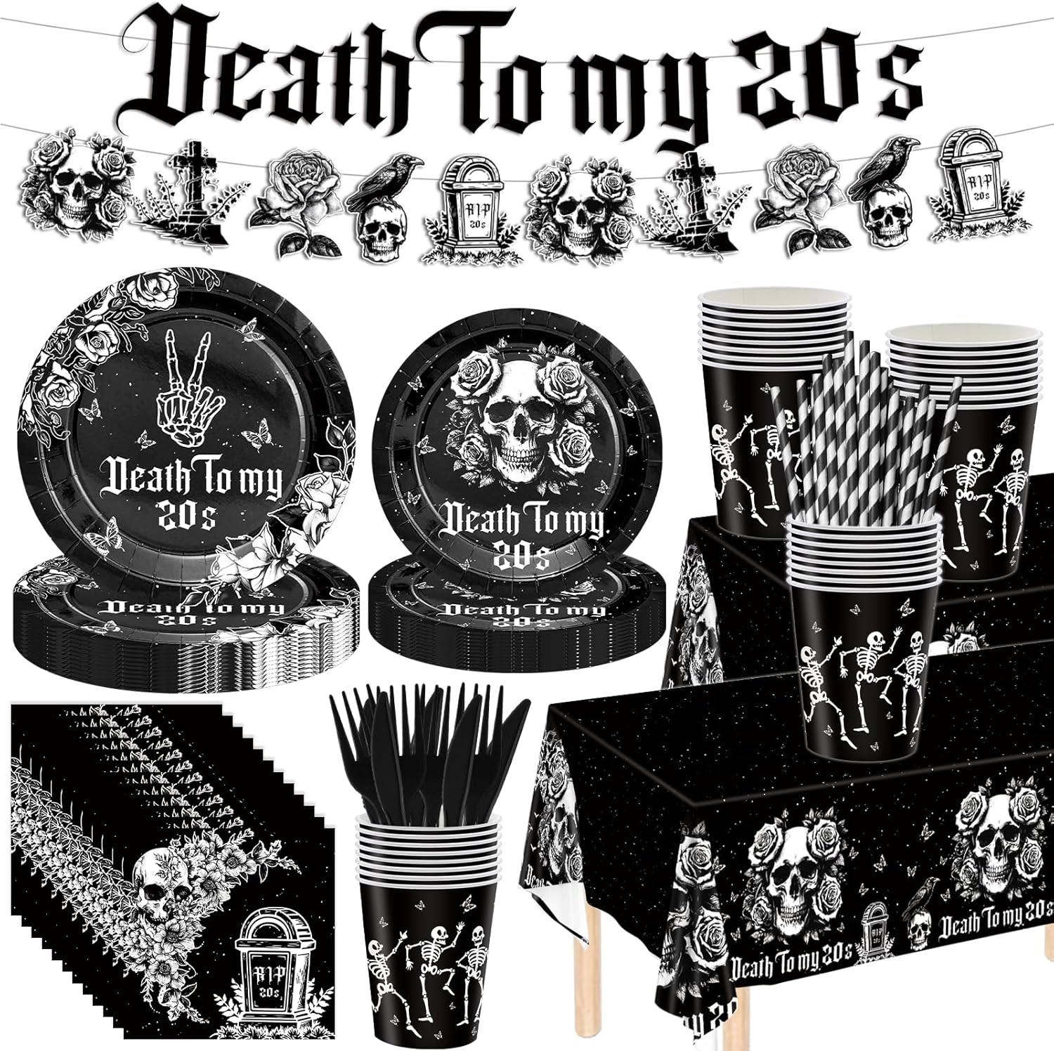 171Pcs Death to My 20s Decorations Tableware Set, 30th Birthday Decorations Include 30th Birthday Banner-Plates-Cups-Napkins-Tablecloth-Forks-Knives-Straw, Rip to My 20s Birthday Decorations