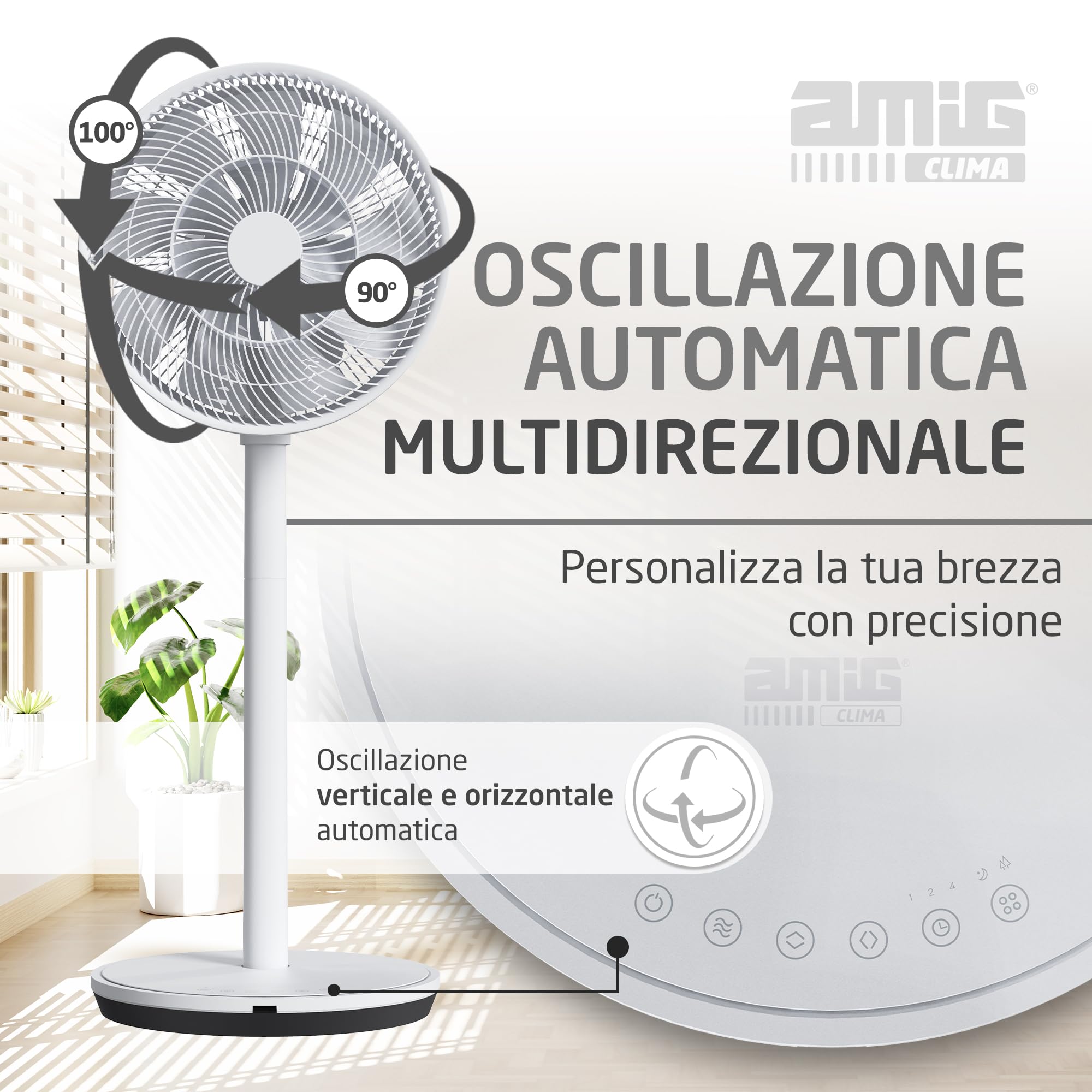 Amig - Ventilatore da Pavimento e da Tavolo GALAIR WIFI-01 - Silenzioso 13dB - 26 Velocità - Oscillazione Verticale e Orizzontale - Basso Consumo 27W - Telecomando e App - Luce LED