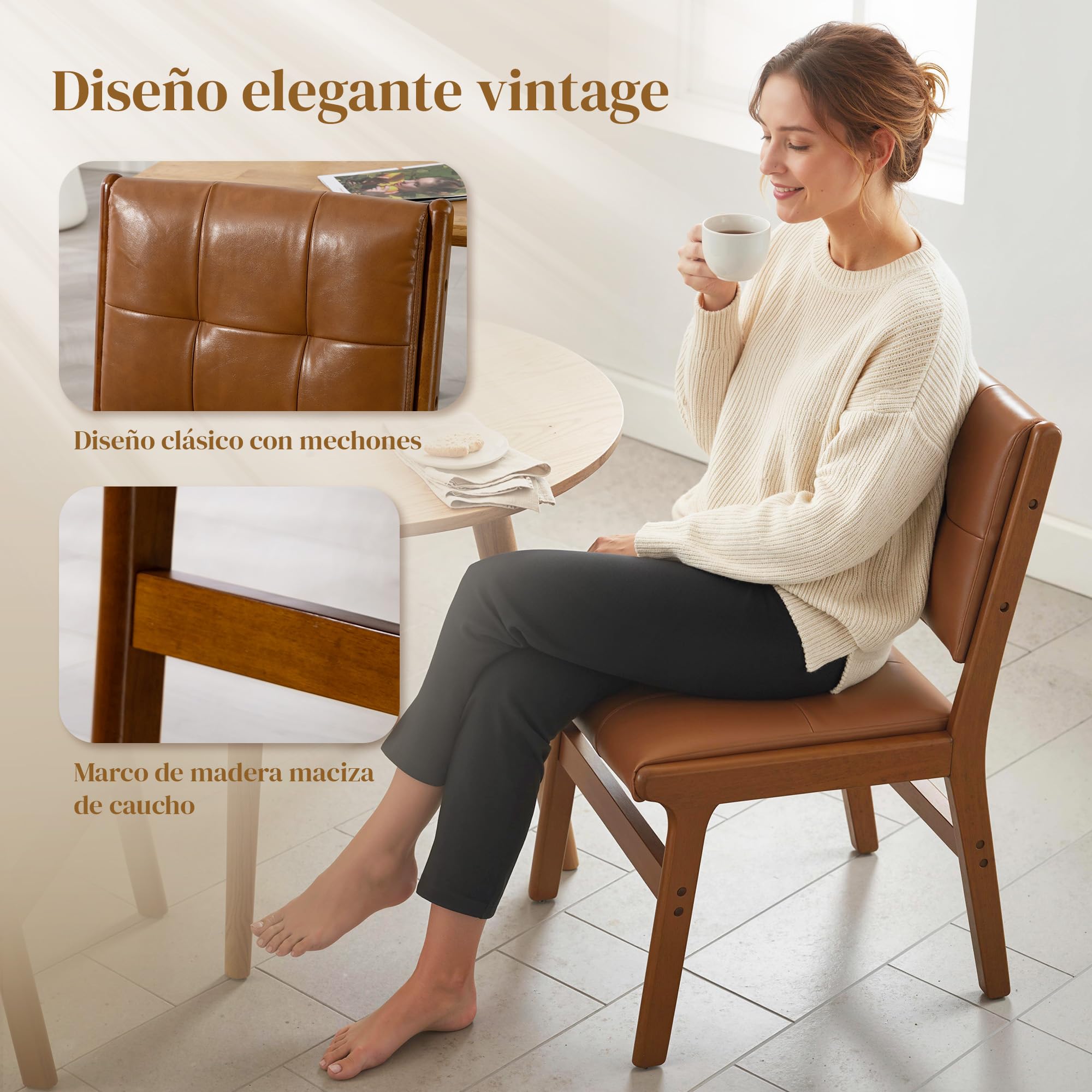 HOMCOM Pack de 2 Sillas de Comedor Tapizadas en PU para Salón Marrón | Sillas de Cocinas Modernas, Asiento Acolchado, Patas de Madera