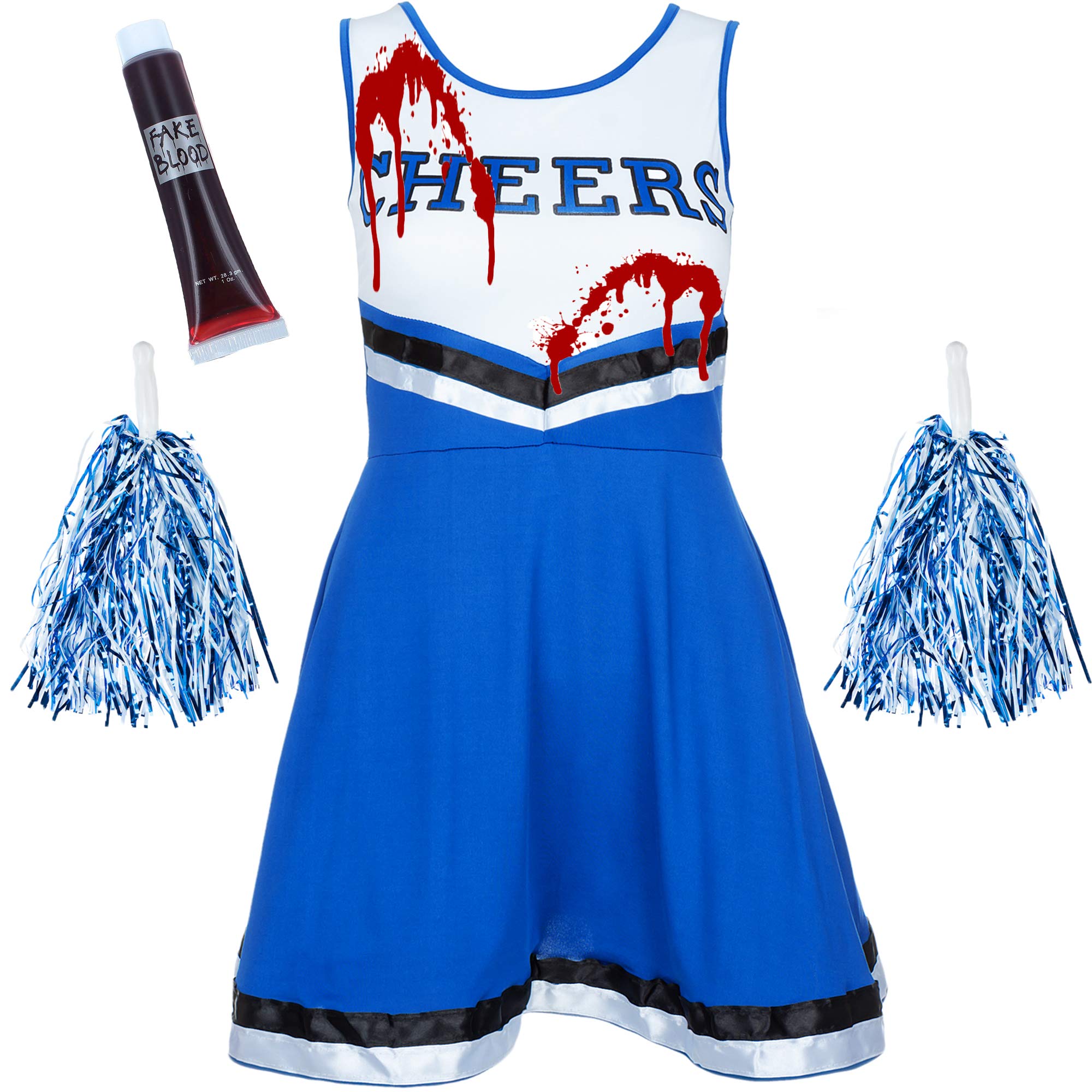 Zombie Cheerleader Costume Women Outfit with Cheerleader Pom Poms - Dead Halloween Cheerleader Fancy Dress Costume - High School Musical Zombie Outfit Women Cheerleader (10-12 UK, Blue)