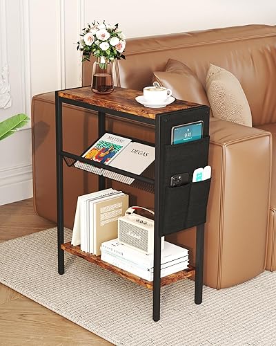 Miniatura 2 de Yusong Mesa auxiliar pequeña y estrecha para espacios pequeños, mesa auxiliar delgada con bolsa de almacenamiento, mesa de aperitivos para sofá con