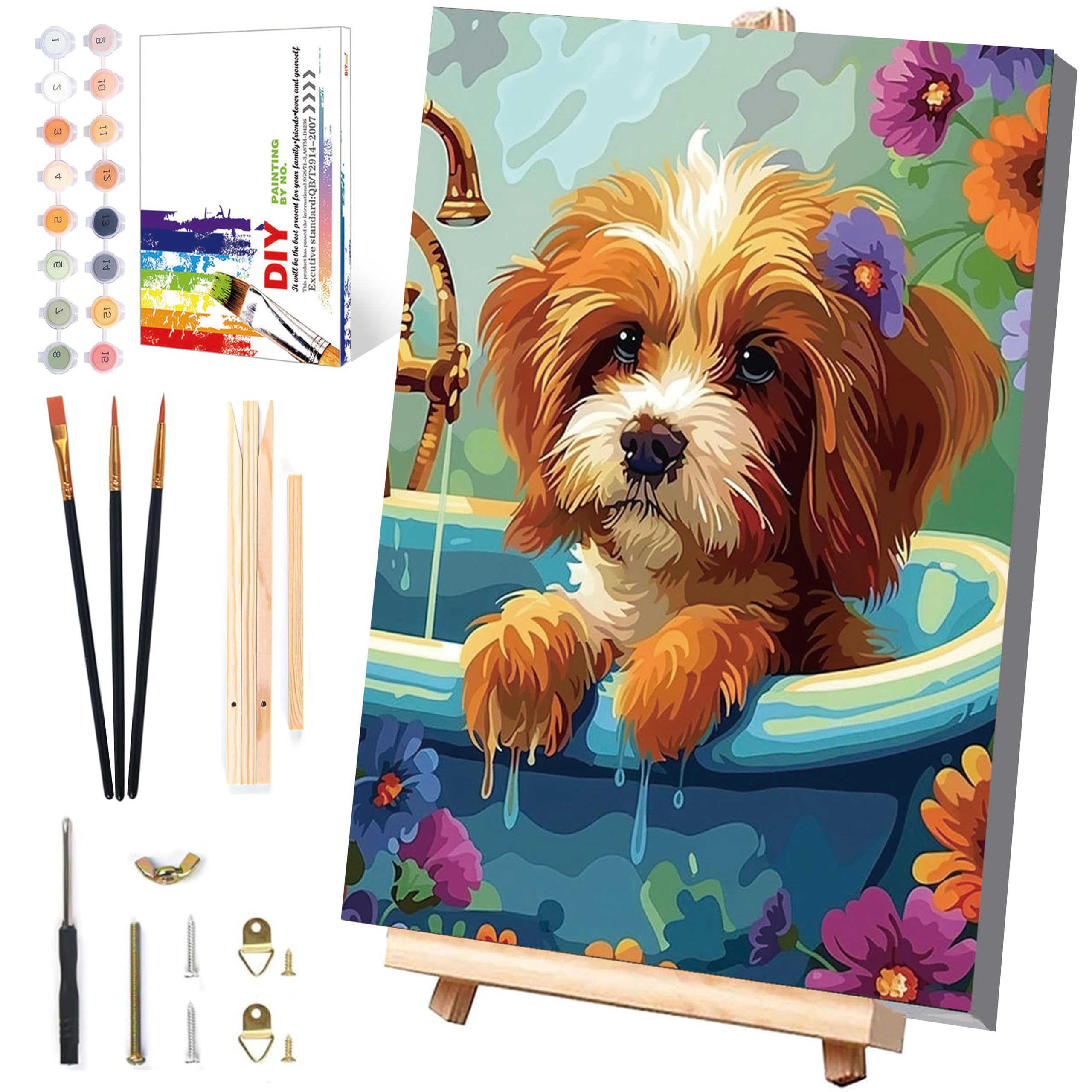 Pujeknm Hund Malen Nach Zahlen ab 5 6 7 Jahre Mädchen mit Rahmen - Holzstaffelei, Tiere Malen Nach Zahlen für Kinder Acrylfarben mit als Geschenk, Mittel 30x20 cm (Süßes Hund)